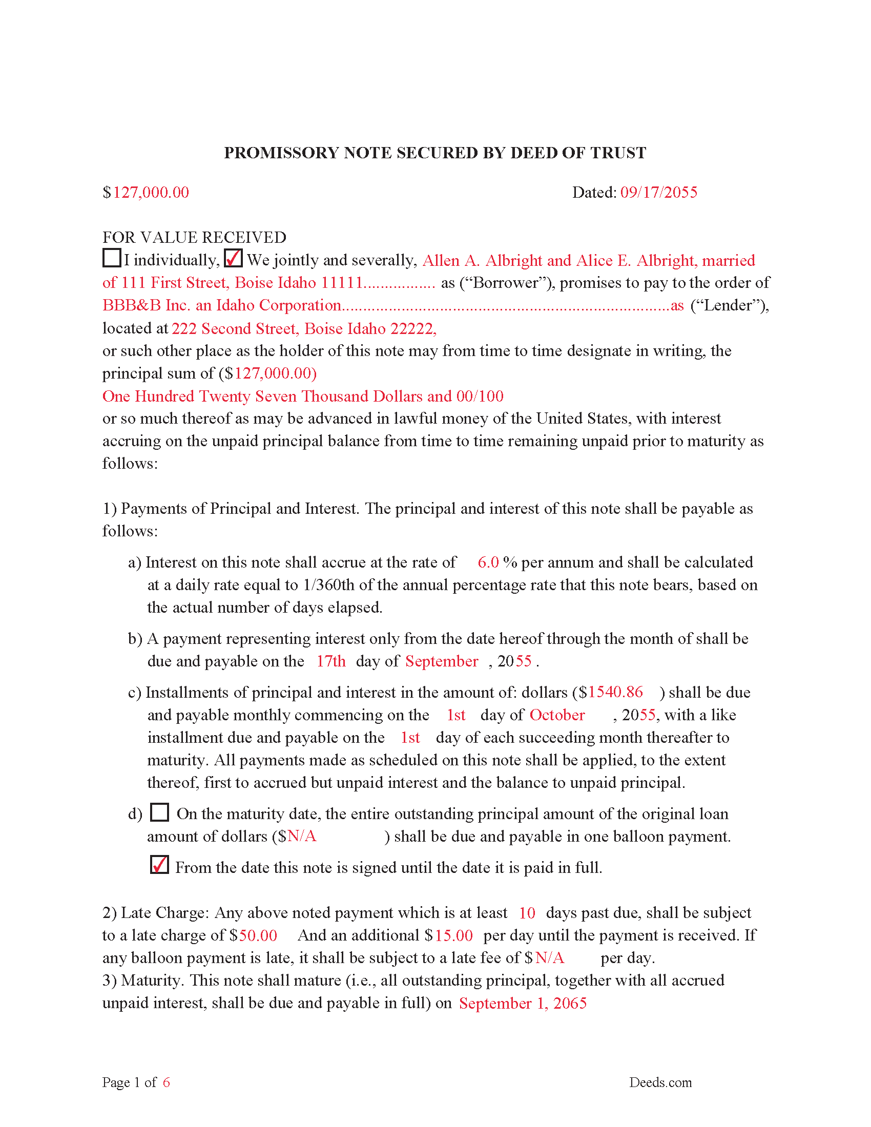 Completed Example of the Promissory Note Document
