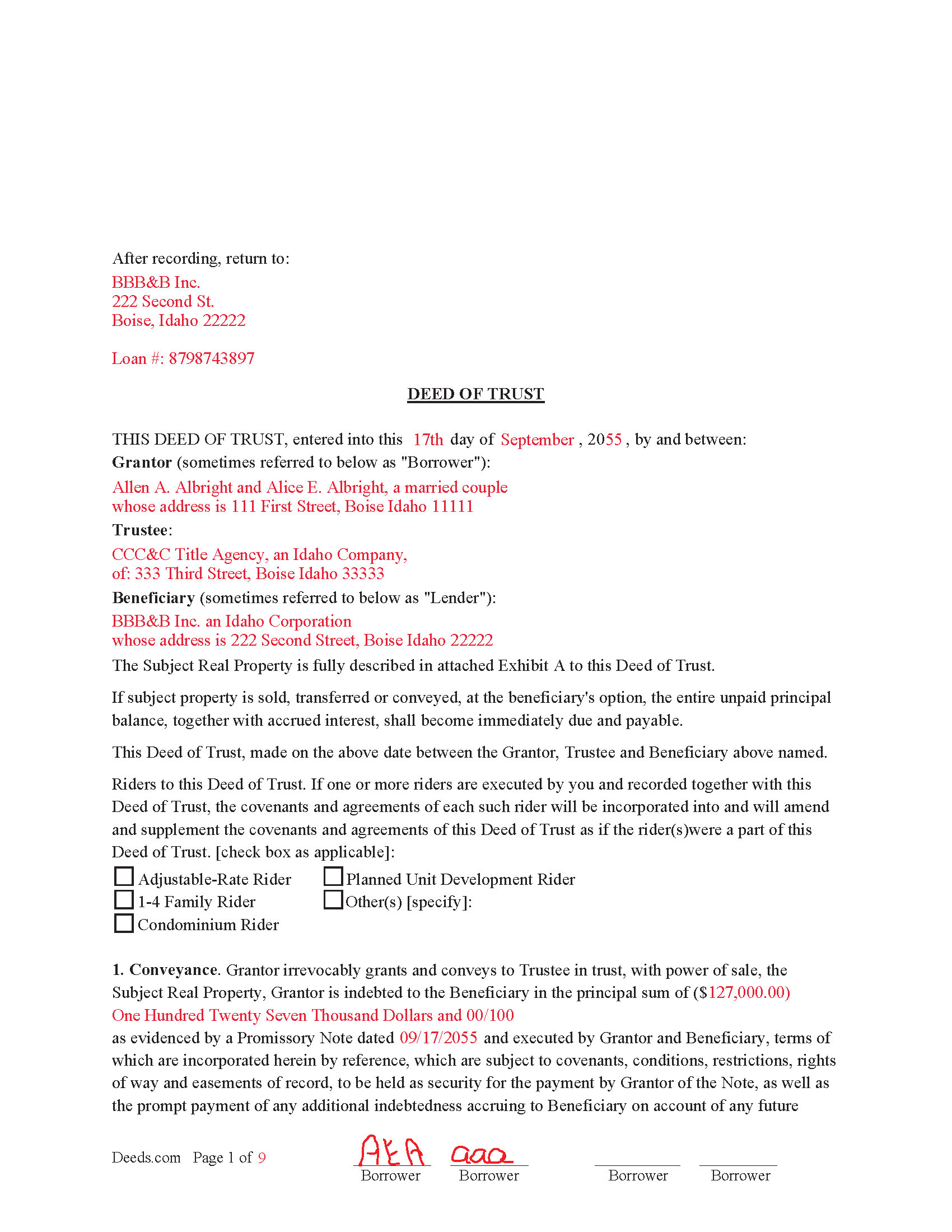 Completed Example of the Deed of Trust Form