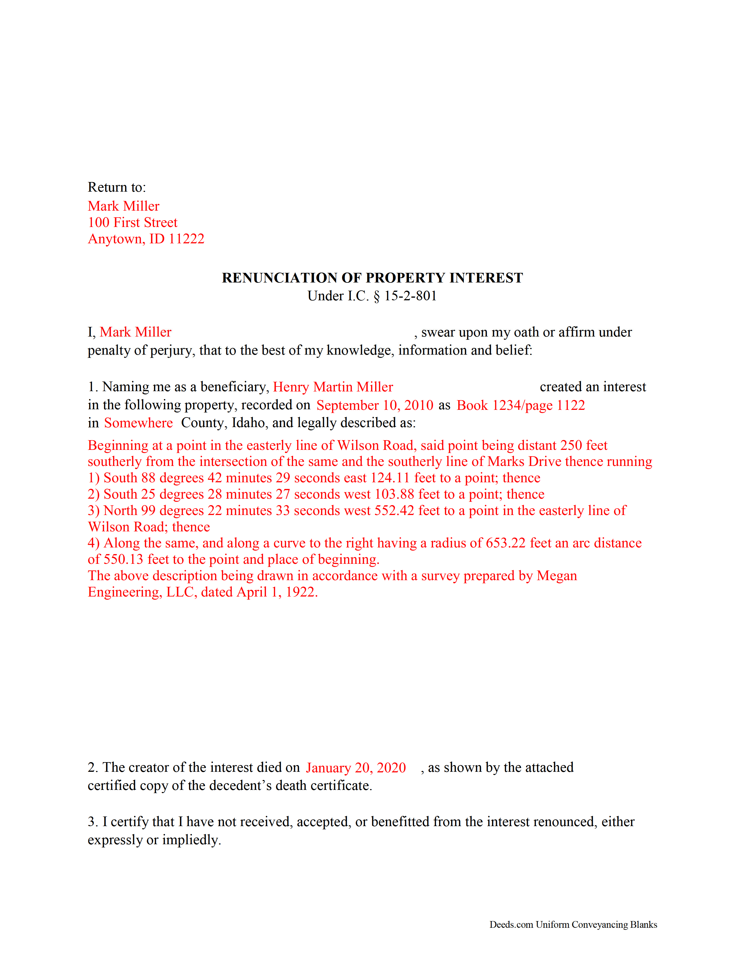 Bear Lake County Completed Example of the Disclaimer of Interest Document