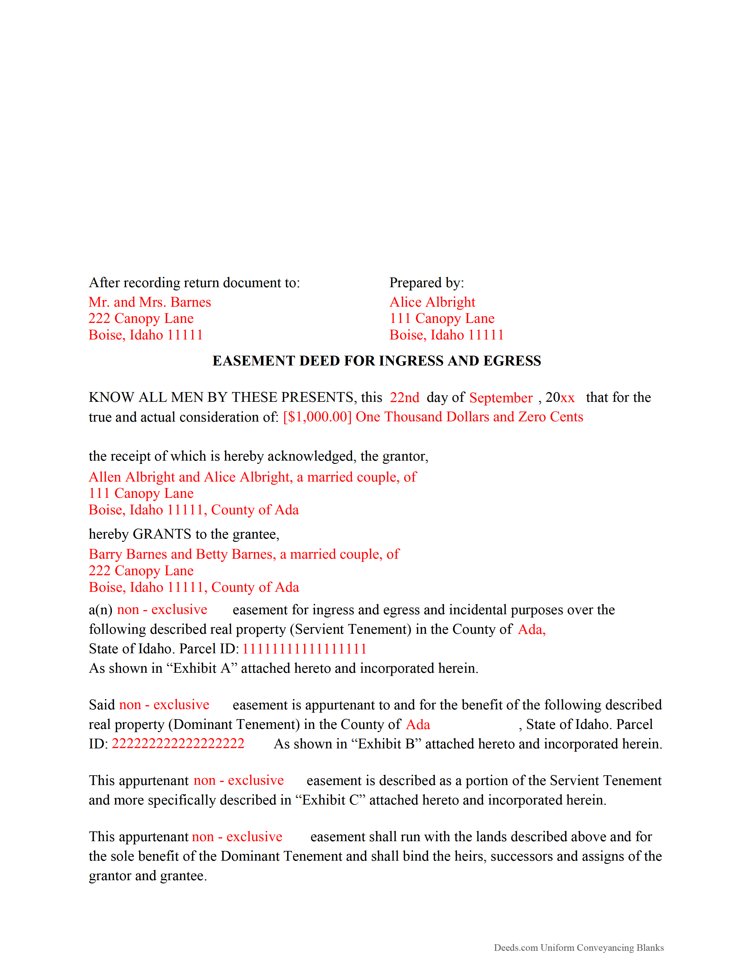 Completed Example of the Easement Deed Document