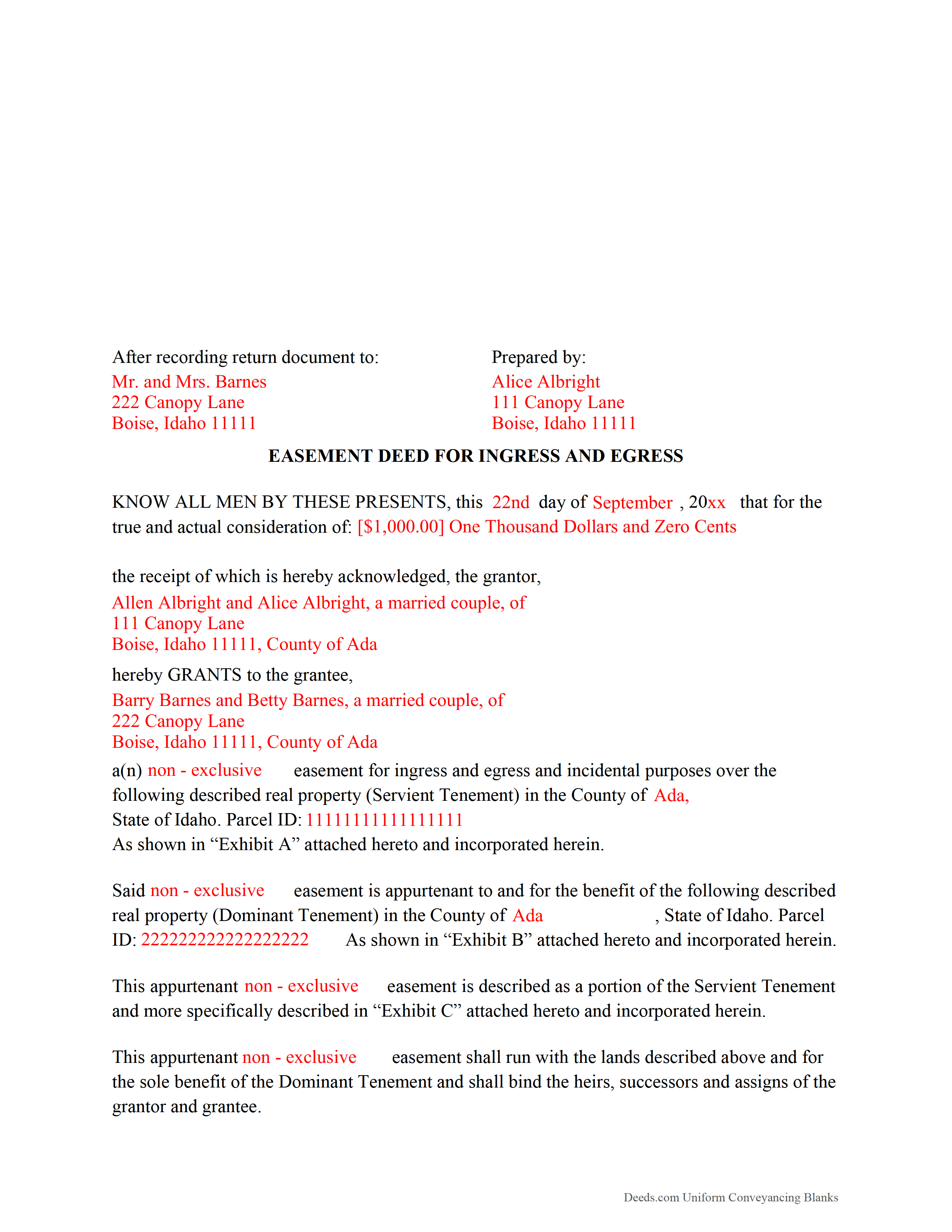 Bear Lake County Completed Example of the Easement Deed Document