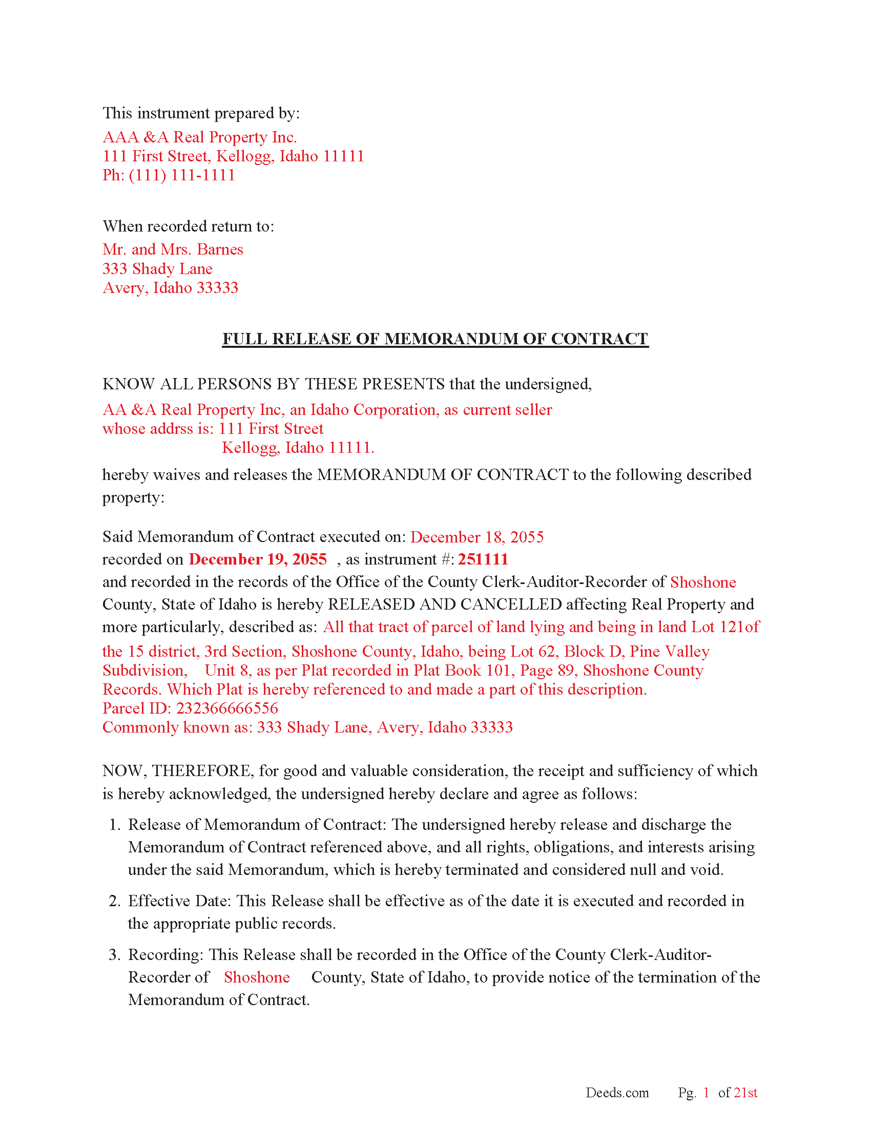 Bear Lake County Completed Example of the Full Release of Memorandum of Contract Document