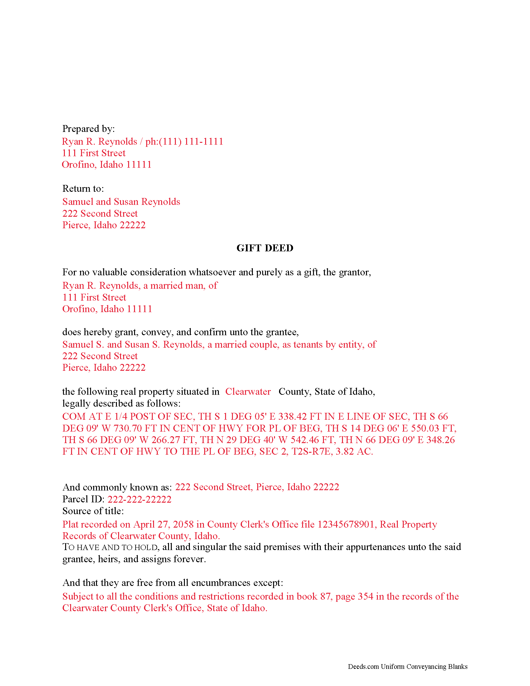 Bear Lake County Completed Example of the Gift Deed Document