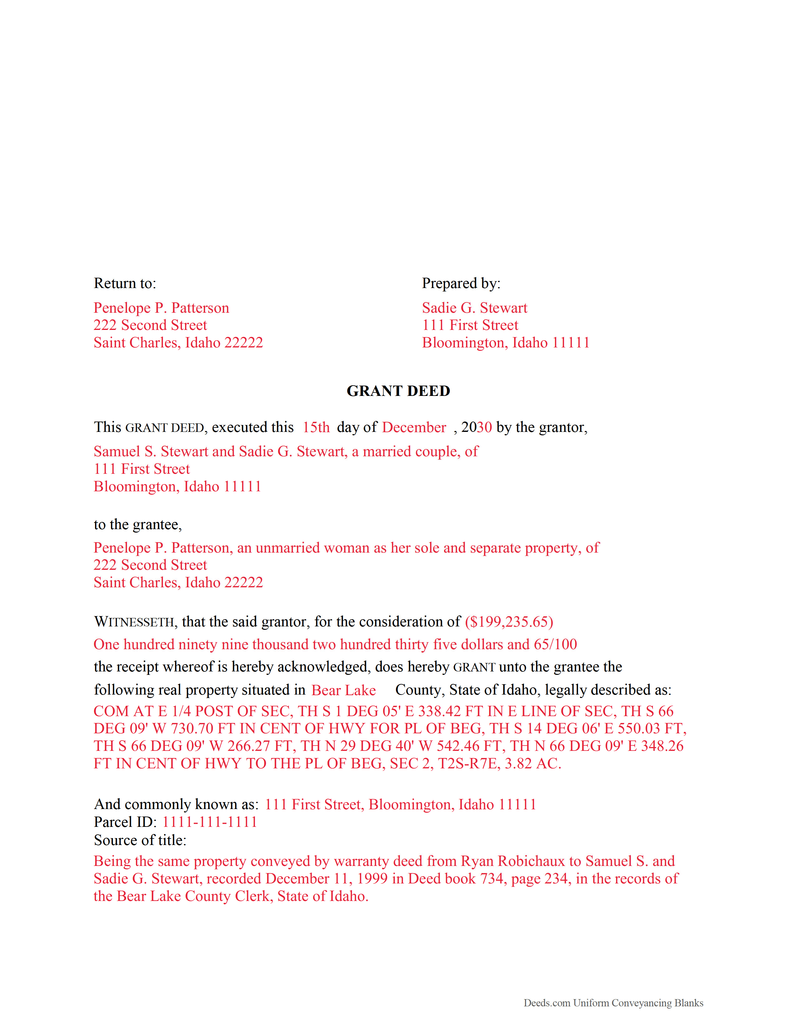 Bear Lake County Completed Example of the Grant Deed Document