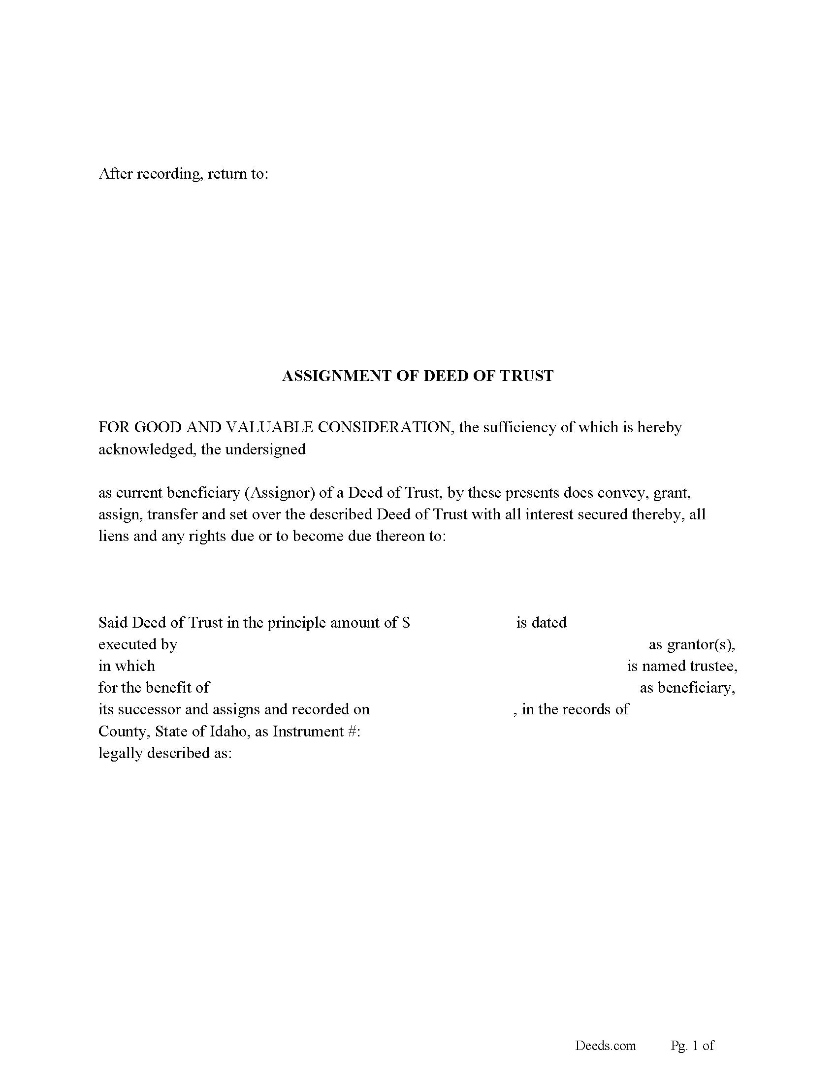 Idaho Assignment of Deed of Trust Image