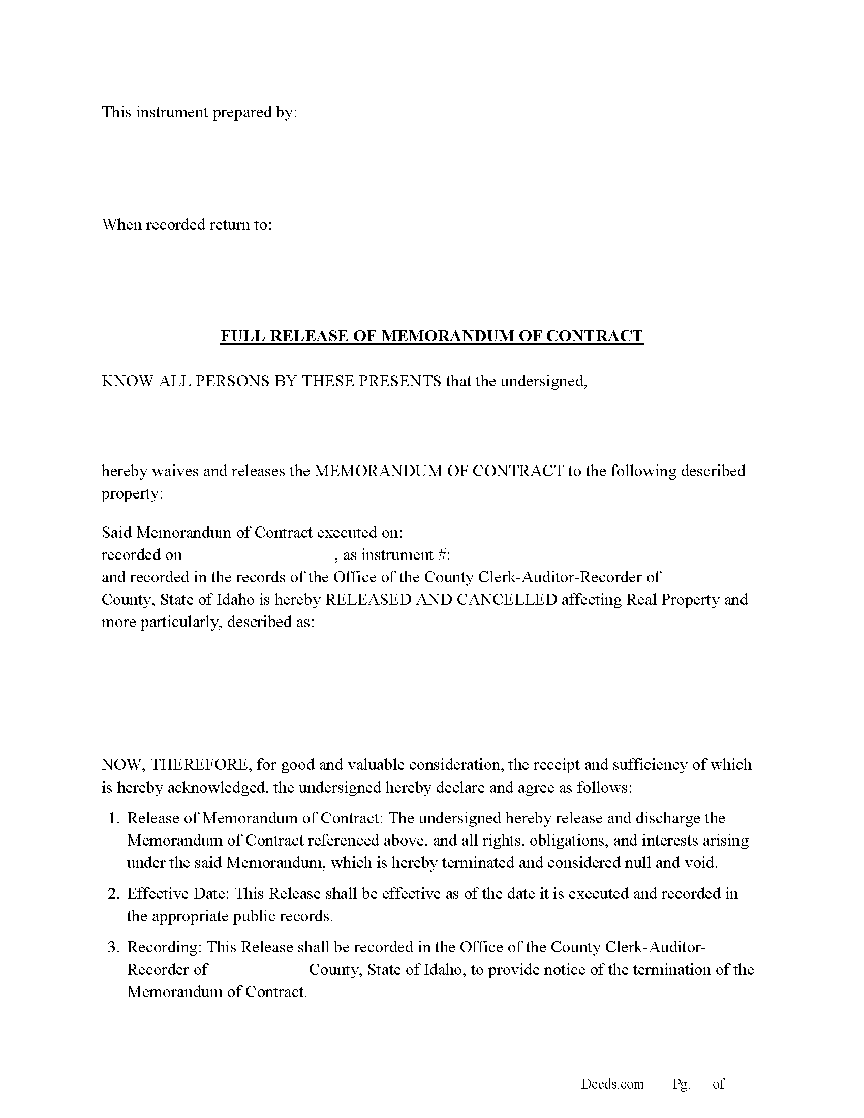 Idaho Full Release of Memorandum of Contract Image