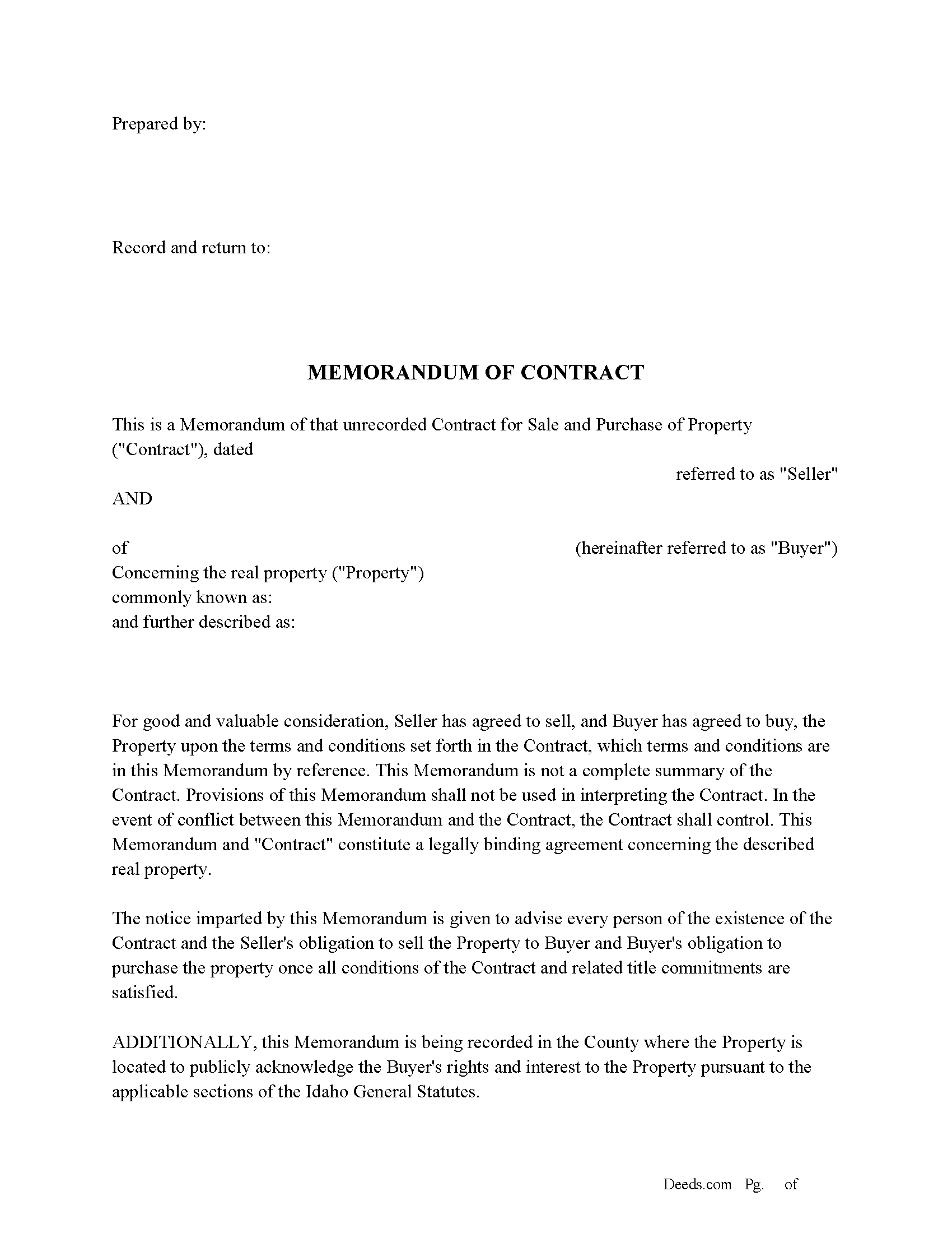 Idaho Memorandum of Contract Image