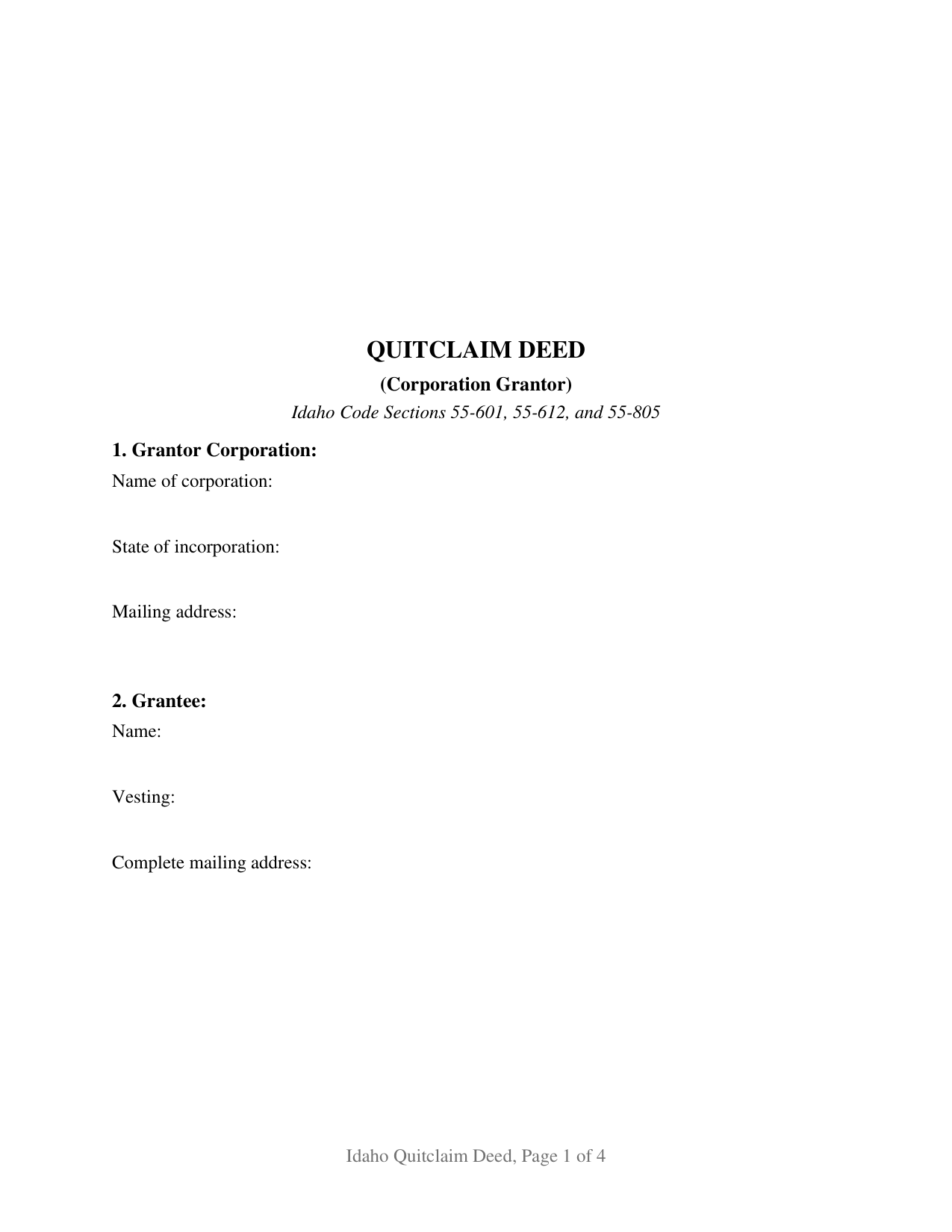 Idaho Quitclaim Deed (Corporation Grantor)