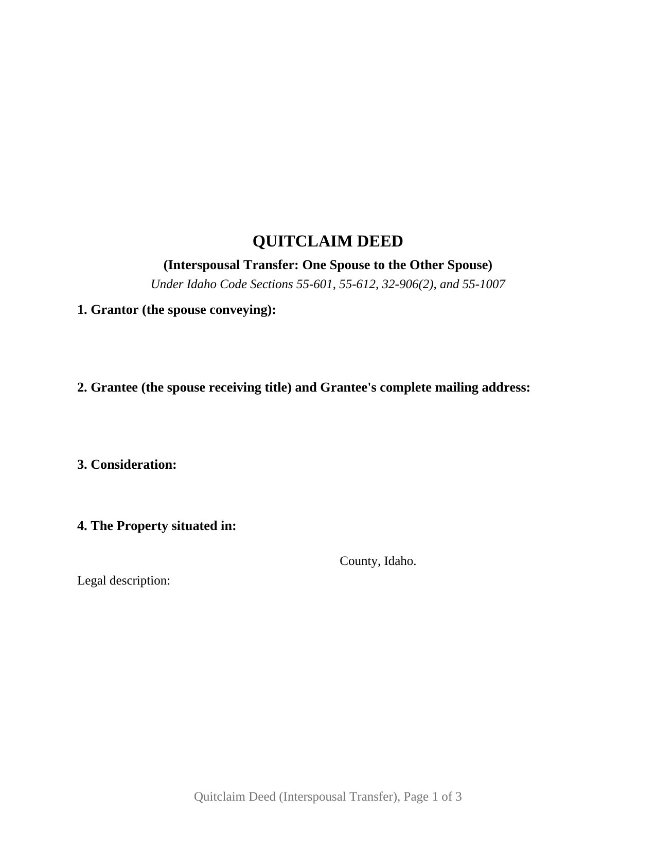 Idaho Quitclaim Deed (Interspousal Transfer)