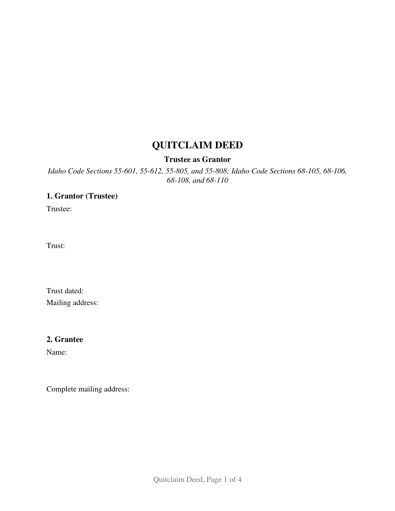Idaho Quitclaim Deed (Trustee Grantor)