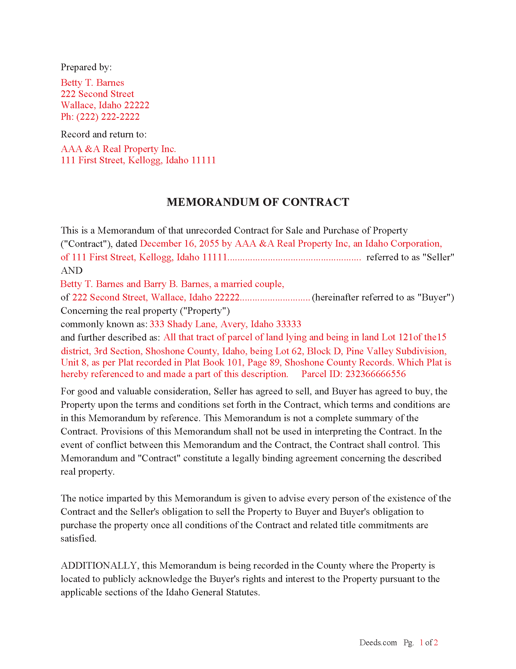 Bear Lake County Completed Example of the Memorandum of Contract Document