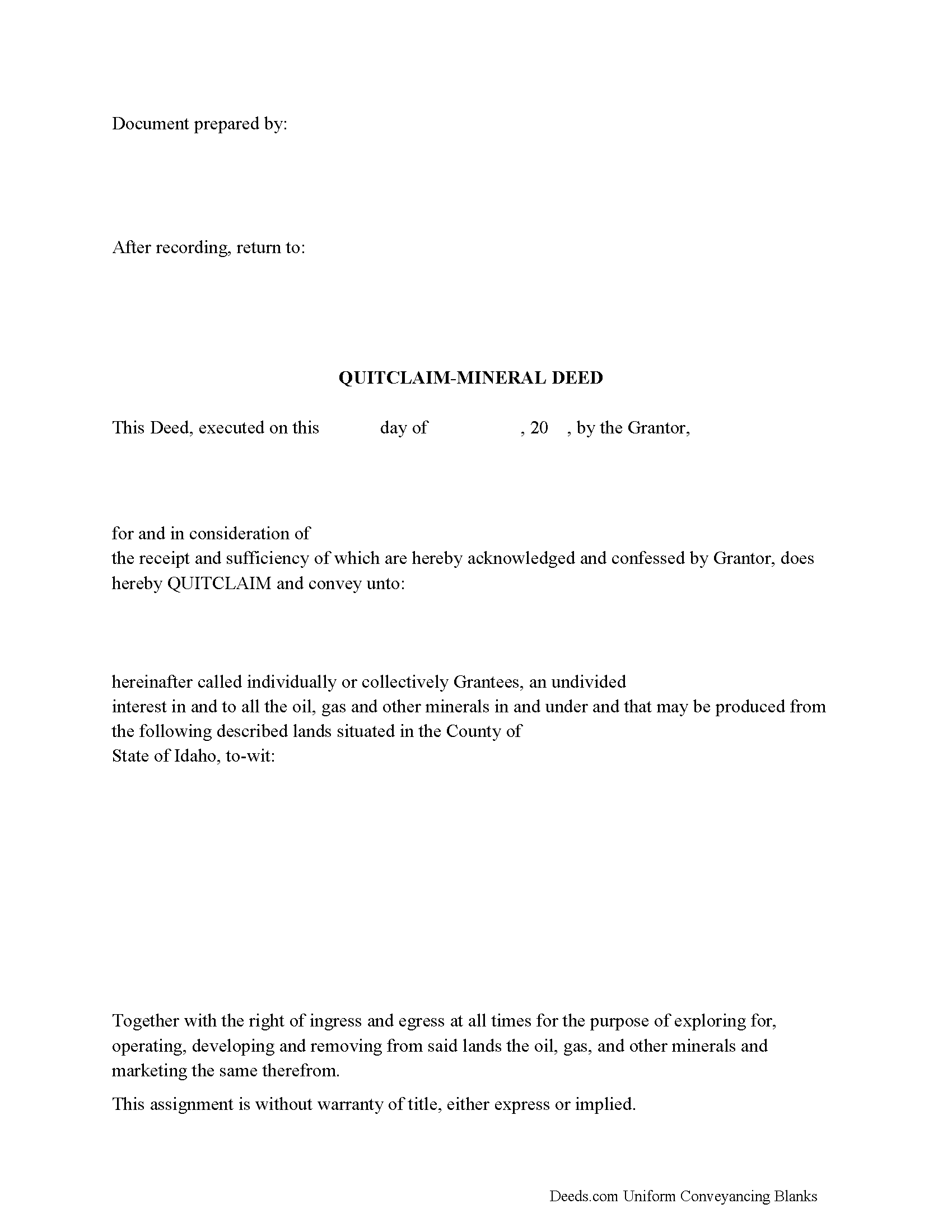 Bear Lake County Mineral Deed with Quitclaim Covenants Form