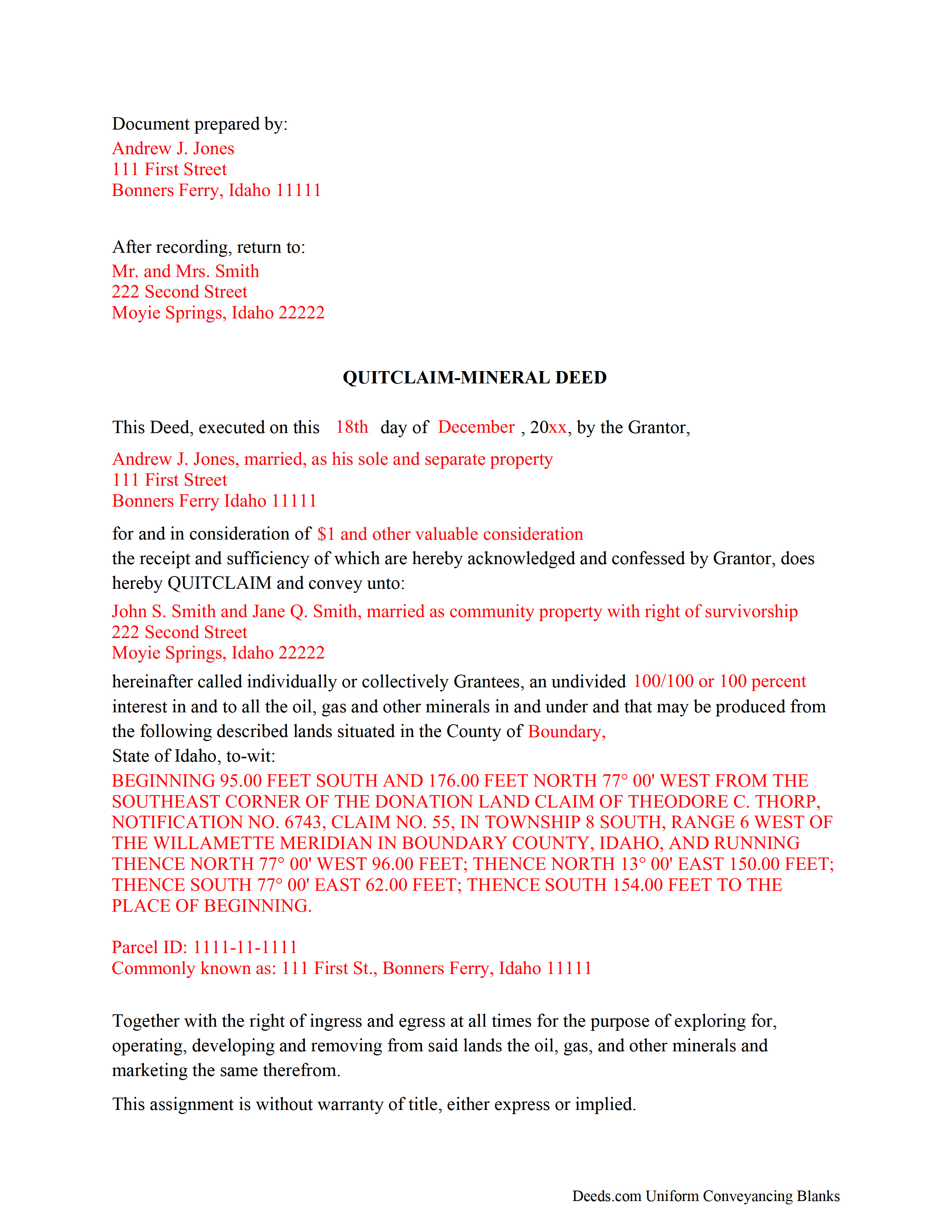 Bear Lake County Completed Example of the Mineral Deed with Quitclaim Covenants Document