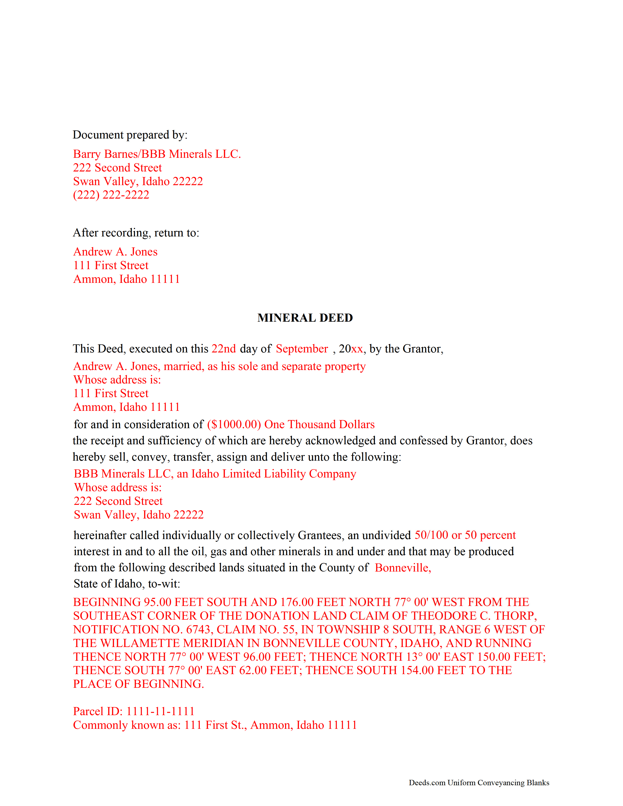 Boise County Completed Example of a Mineral Deed Document
