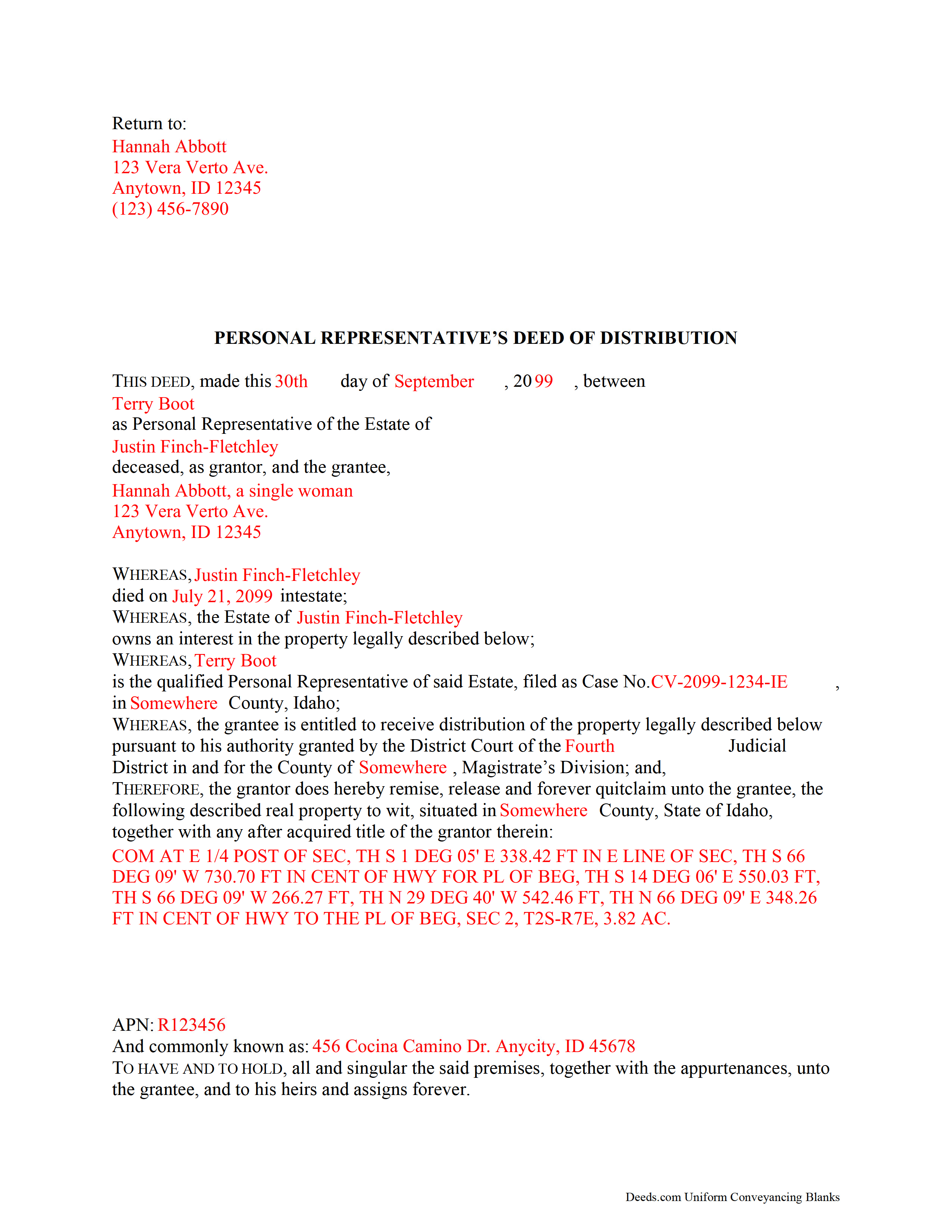 Bear Lake County Completed Example of the Personal Representative Deed of Distribution Document
