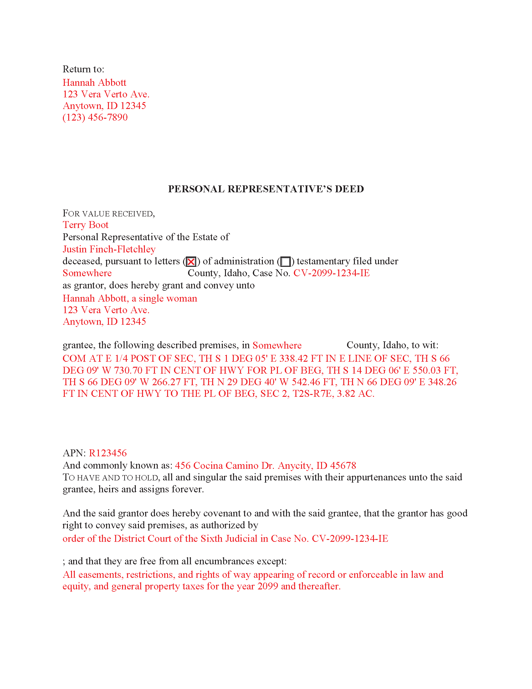 Completed Example of the Personal Representative Deed Document