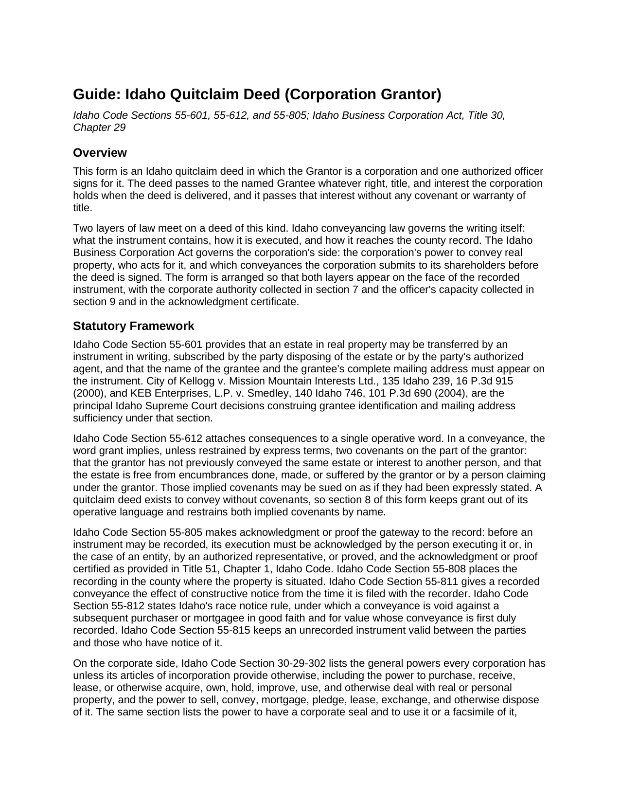 Benewah County Quitclaim Deed (Corporation Grantor) Guide