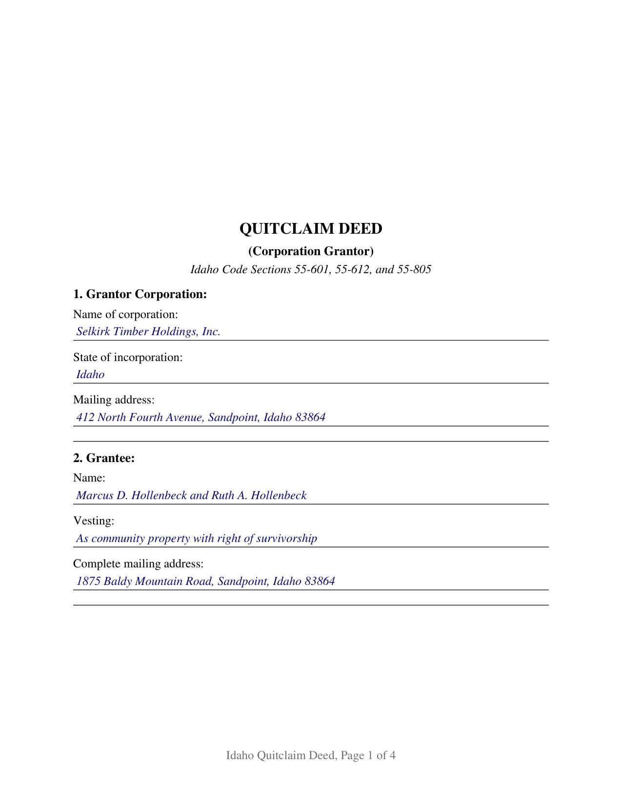 Benewah County Completed Example of the Quitclaim Deed (Corporation Grantor) Document