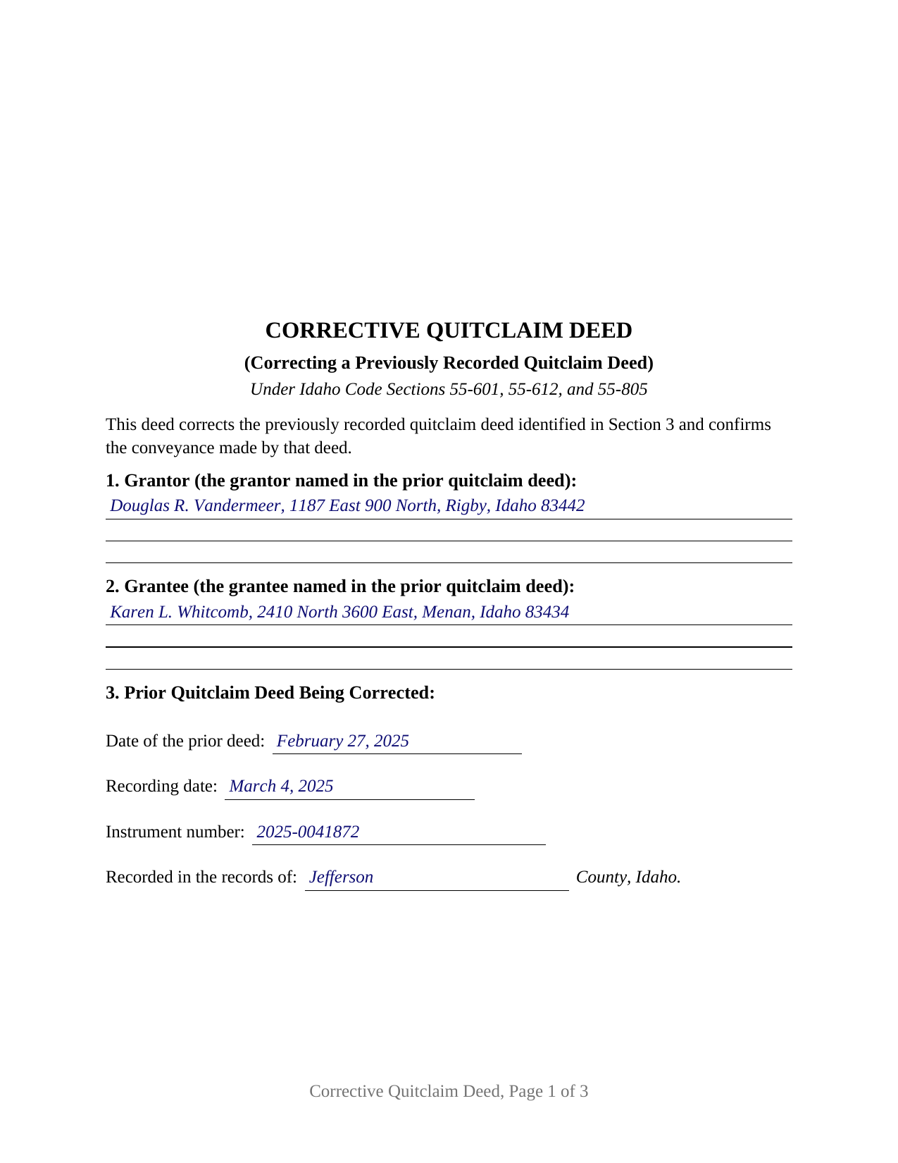 Lincoln County Completed Example of the Quitclaim Deed (Corrective) Document