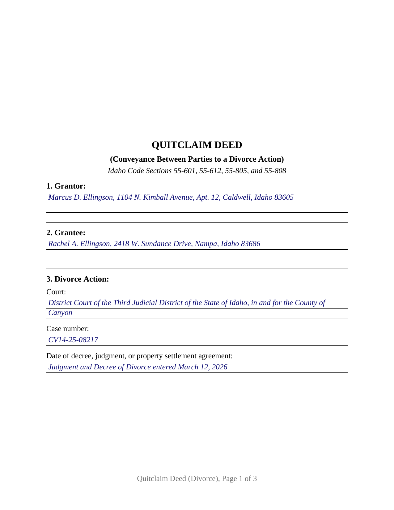 Caribou County Completed Example of the Quitclaim Deed (Divorce) Document