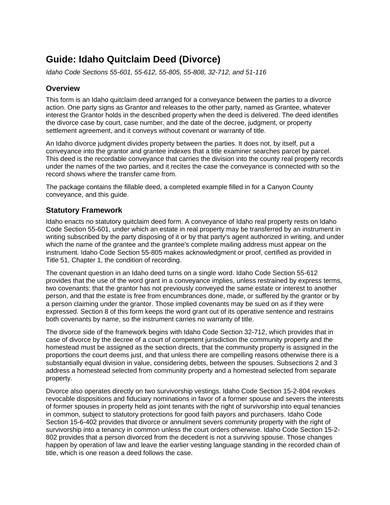 Caribou County Quitclaim Deed (Divorce) Guide