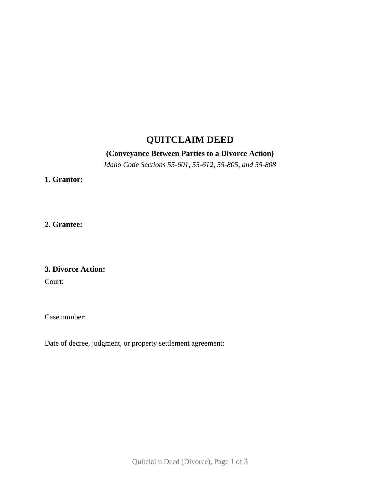 Caribou County Quitclaim Deed (Divorce) Form