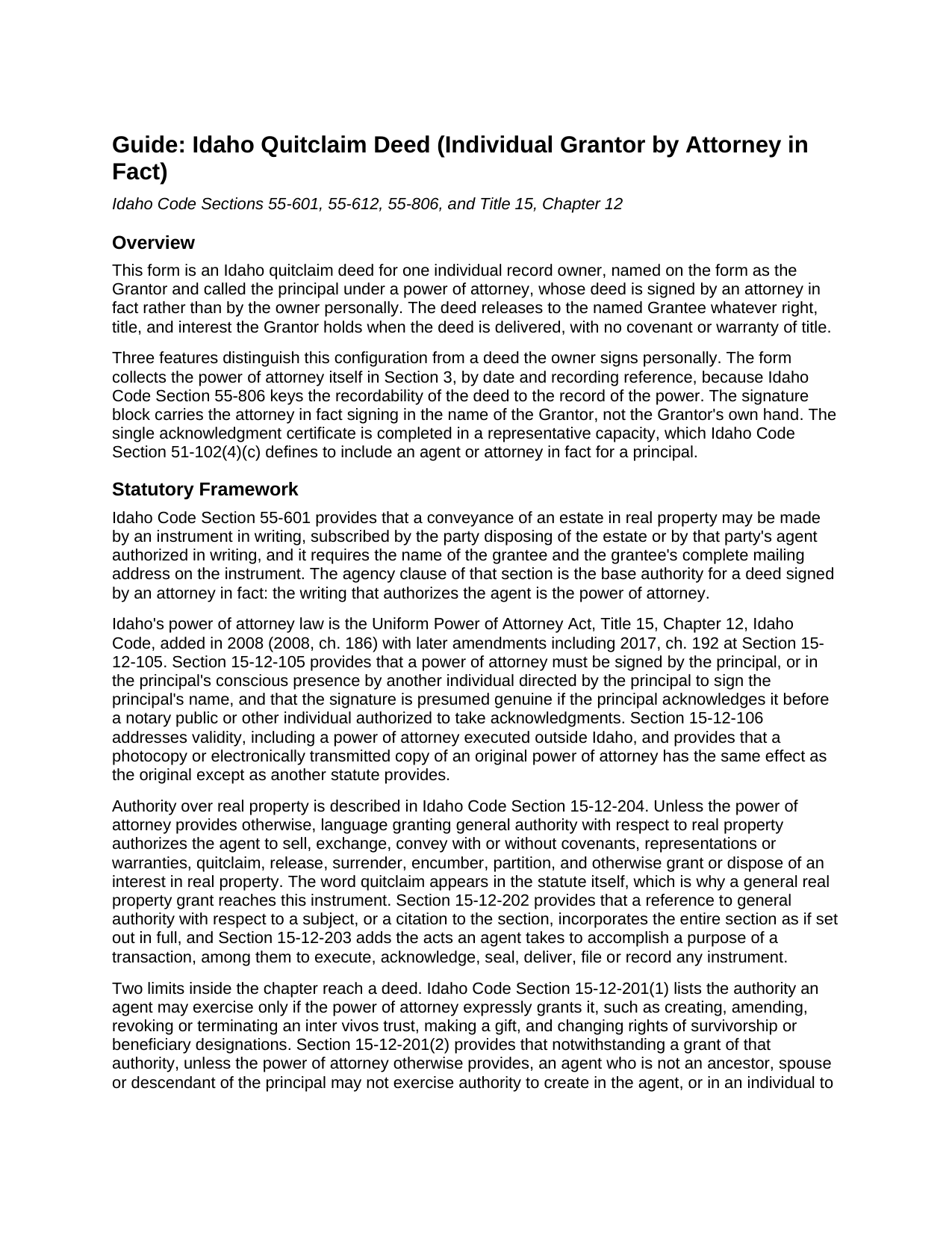 Jerome County Quitclaim Deed (Individual Grantor by Attorney in Fact) Guide