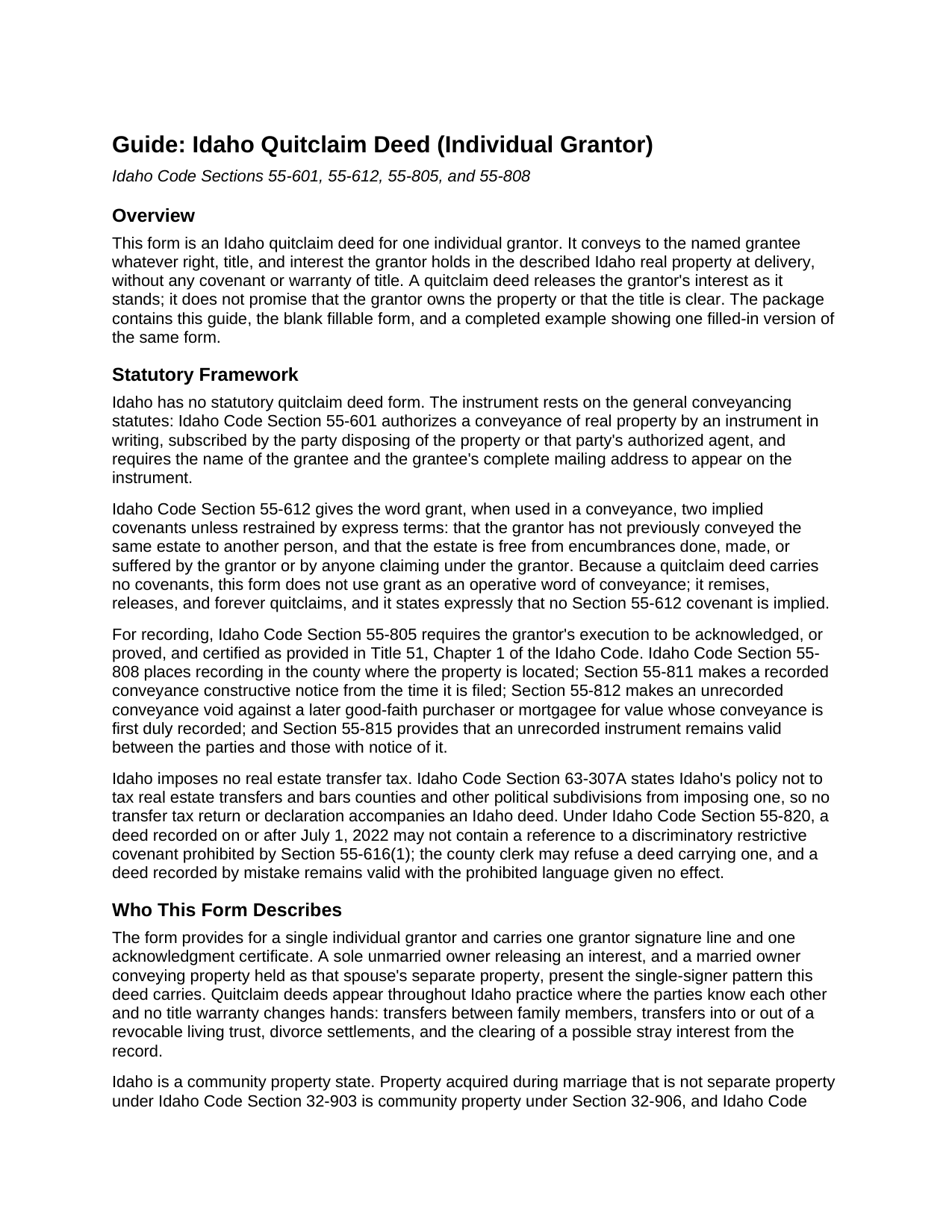 Bear Lake County Quitclaim Deed (Individual Grantor) Guide