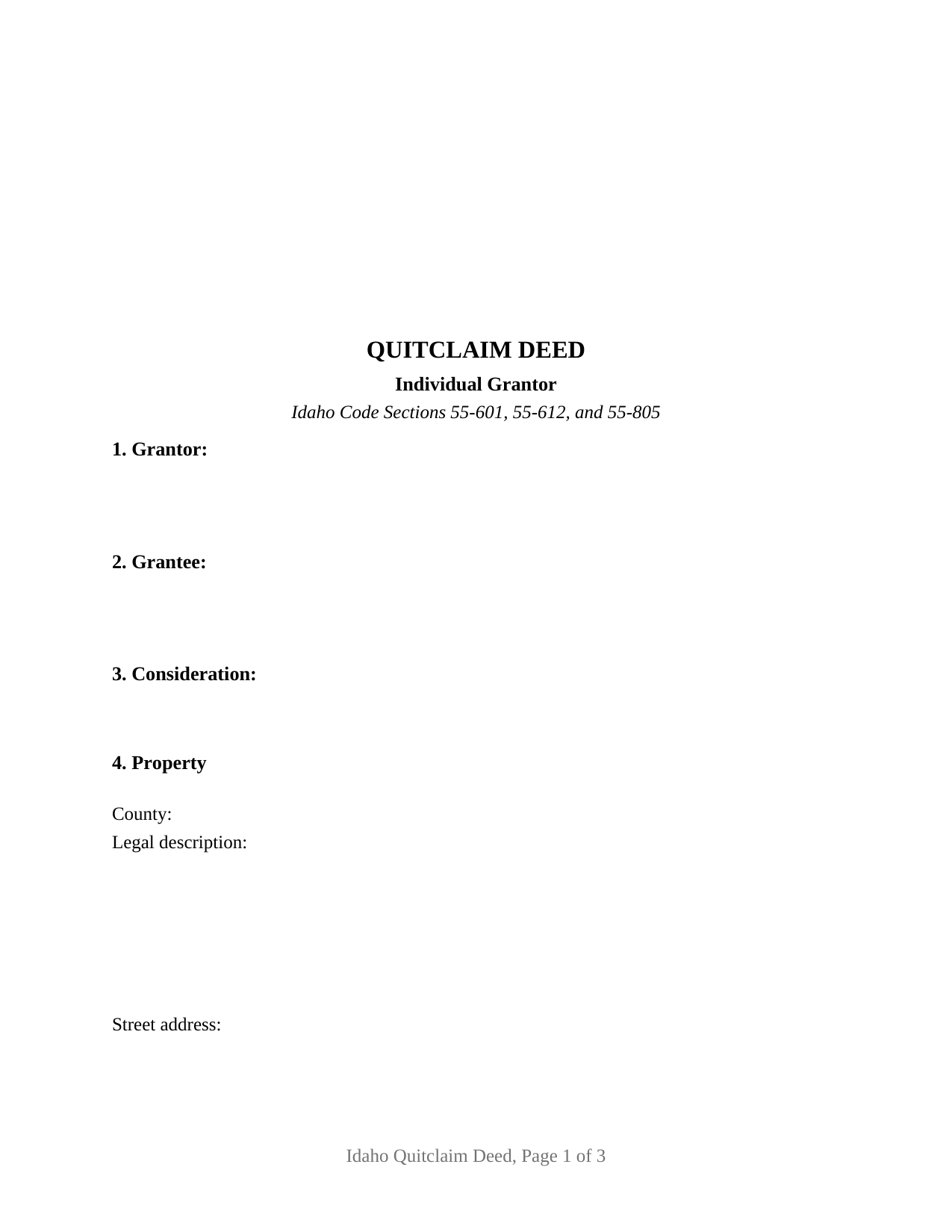 Bear Lake County Quitclaim Deed (Individual Grantor) Form