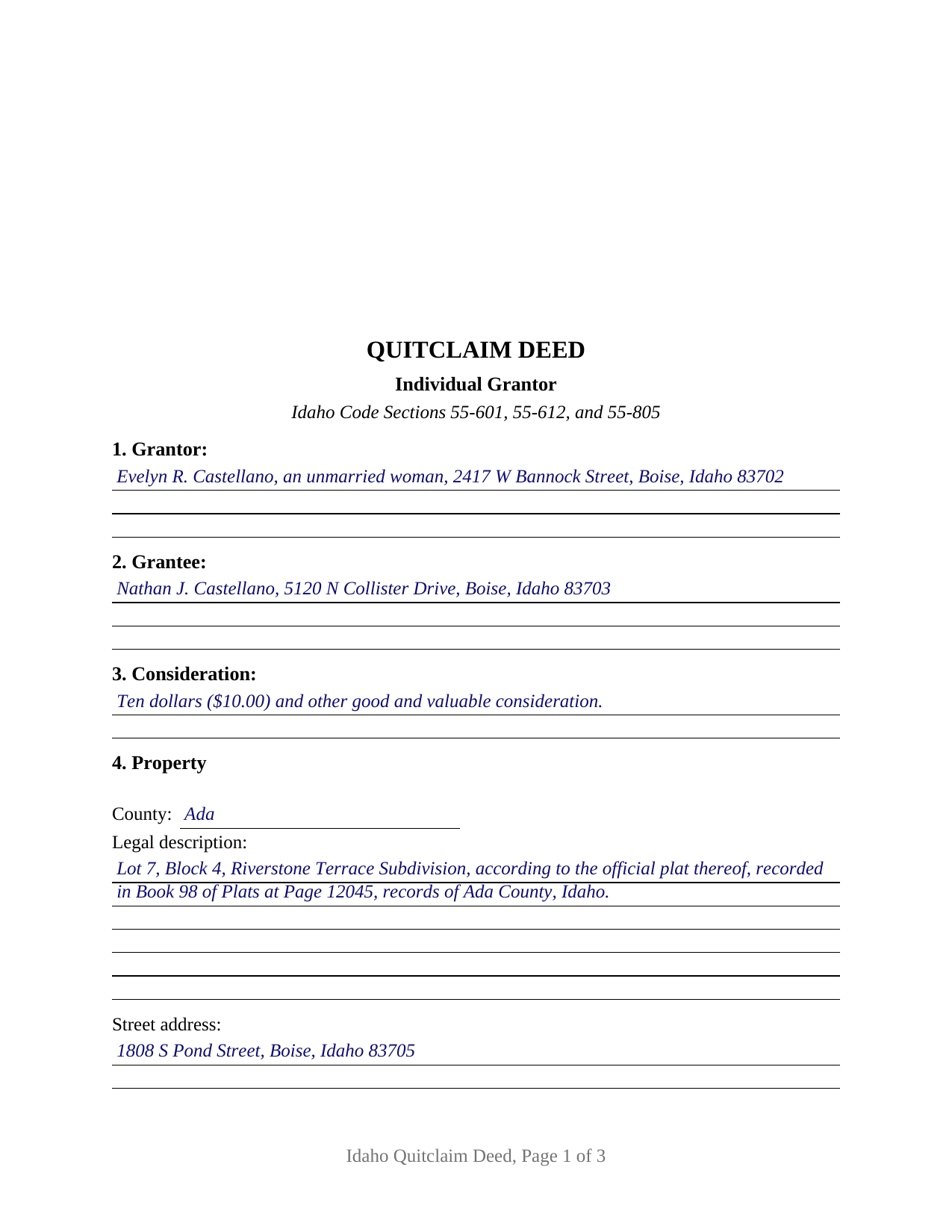 Bear Lake County Completed Example of the Quitclaim Deed (Individual Grantor) Document