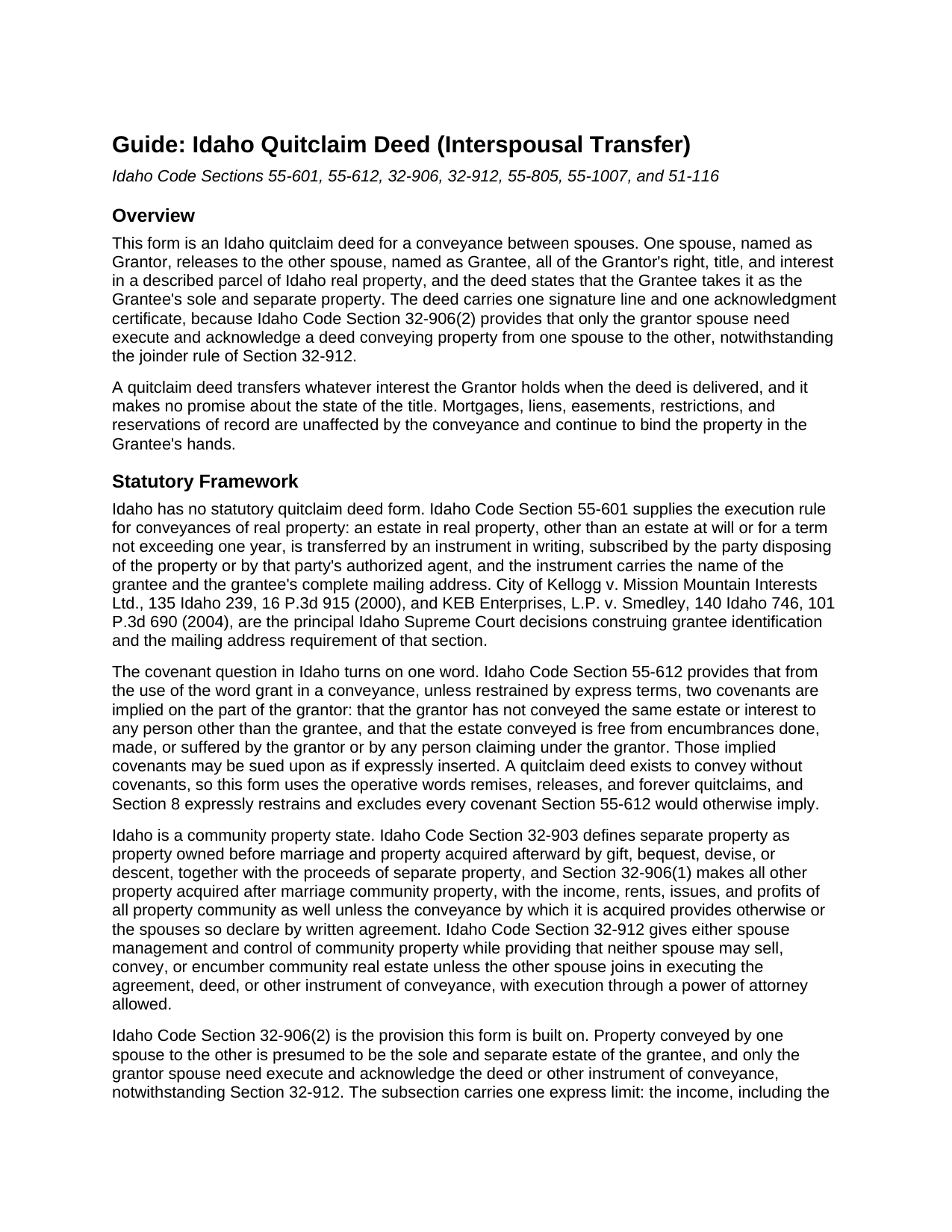 Cassia County Quitclaim Deed (Interspousal Transfer) Guide