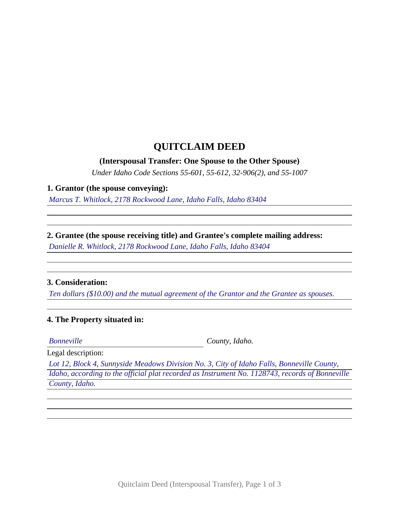 Cassia County Completed Example of the Quitclaim Deed (Interspousal Transfer) Document