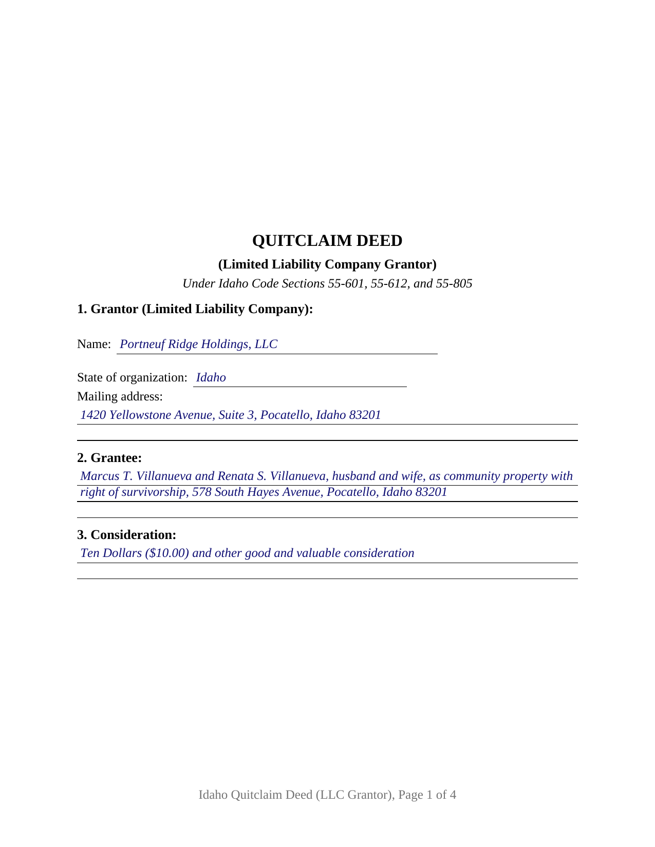 Benewah County Completed Example of the Quitclaim Deed (LLC Grantor) Document