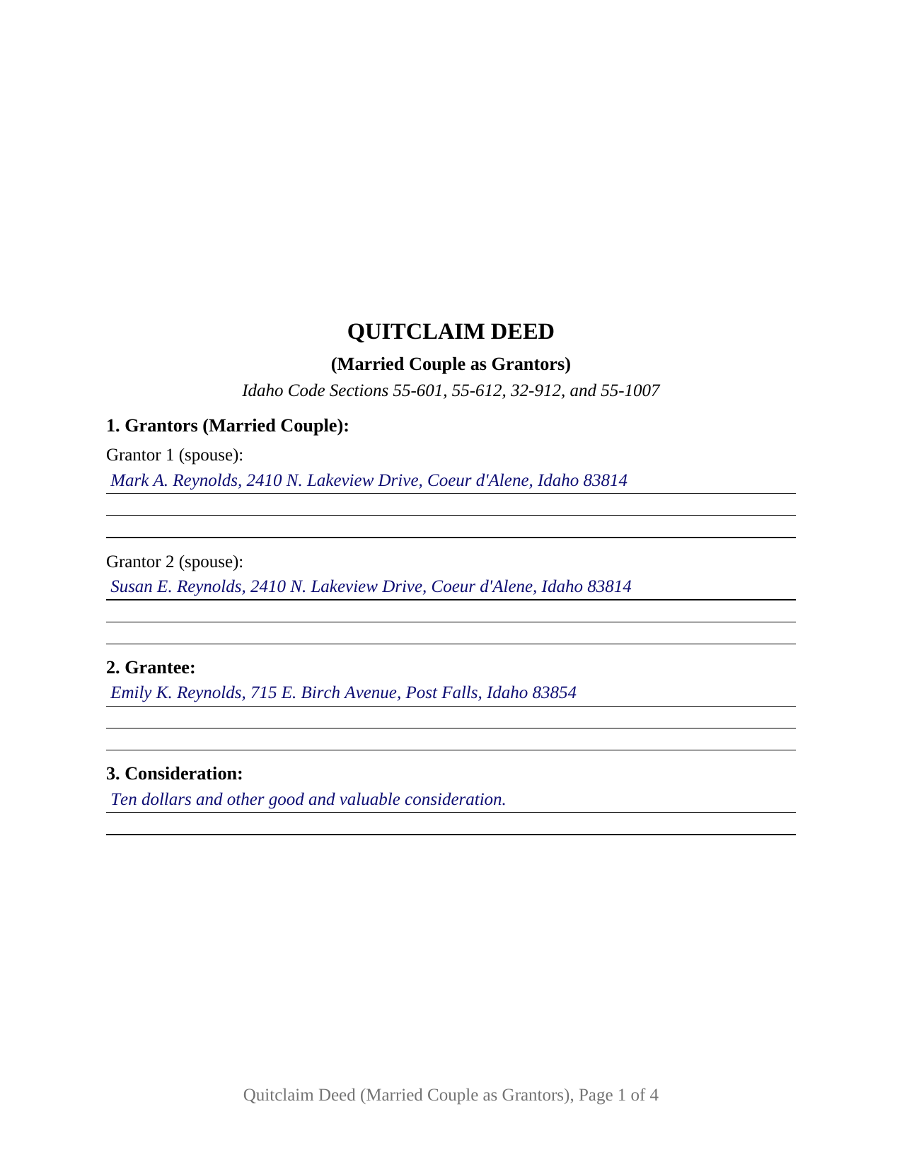 Gooding County Completed Example of the Quitclaim Deed (Married Couple as Grantors) Document