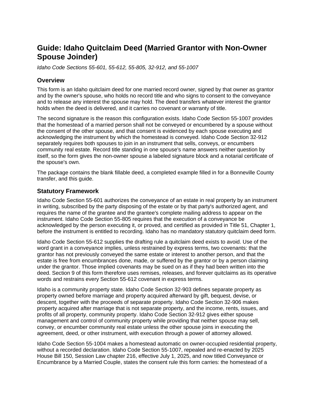 Gem County Quitclaim Deed (Married Grantor with Non-Owner Spouse Joinder) Guide