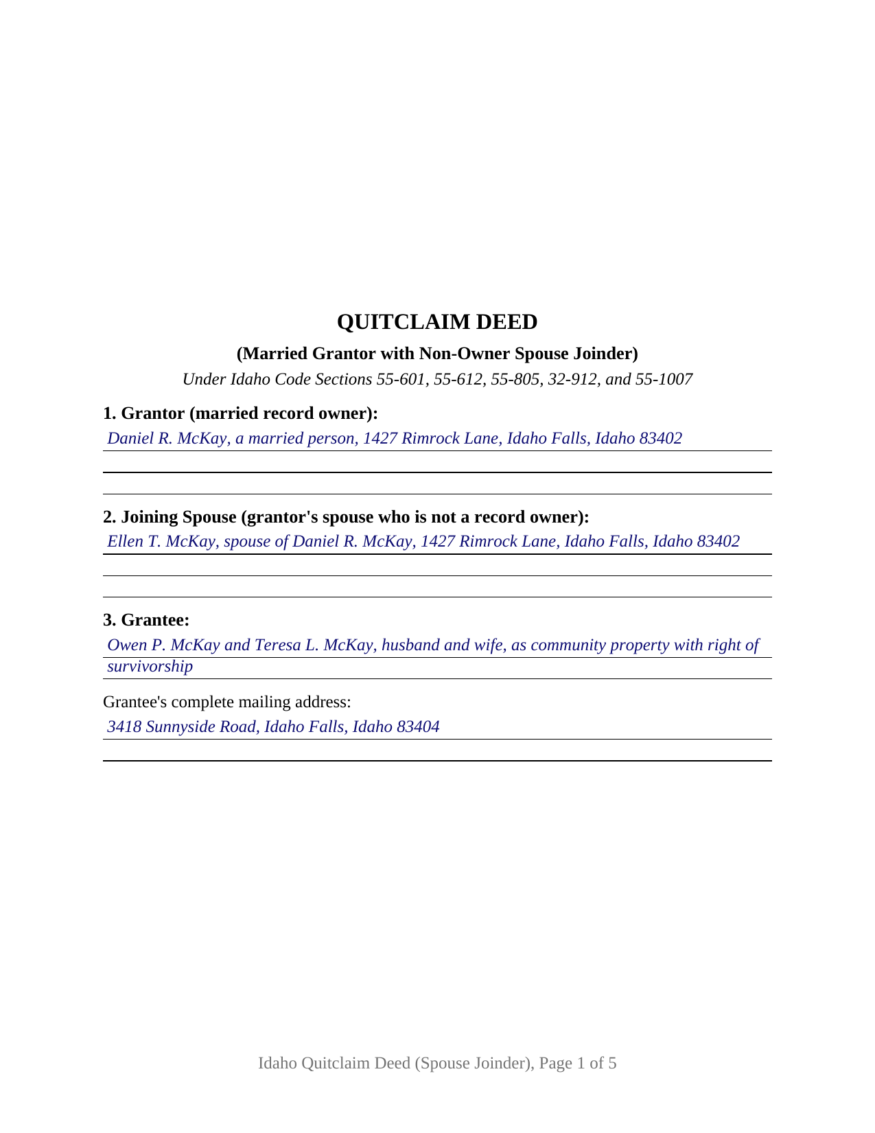 Gem County Completed Example of the Quitclaim Deed (Married Grantor with Non-Owner Spouse Joinder) Document