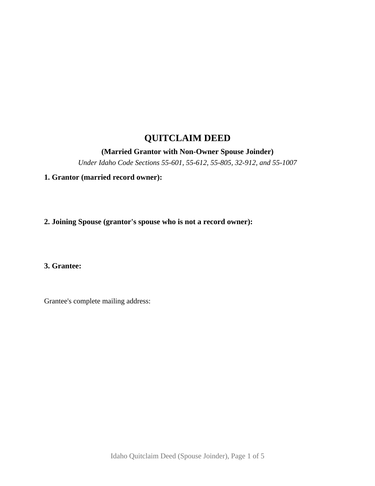 Gem County Quitclaim Deed (Married Grantor with Non-Owner Spouse Joinder) Form