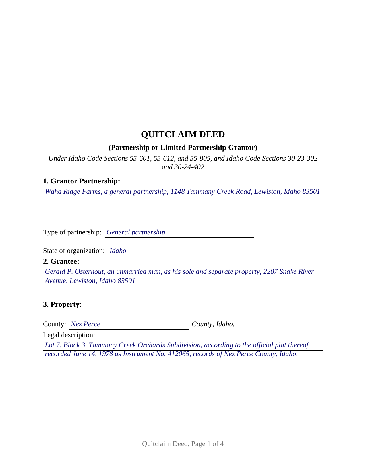 Gooding County Completed Example of the Quitclaim Deed (Partnership or Limited Partnership Grantor) Document
