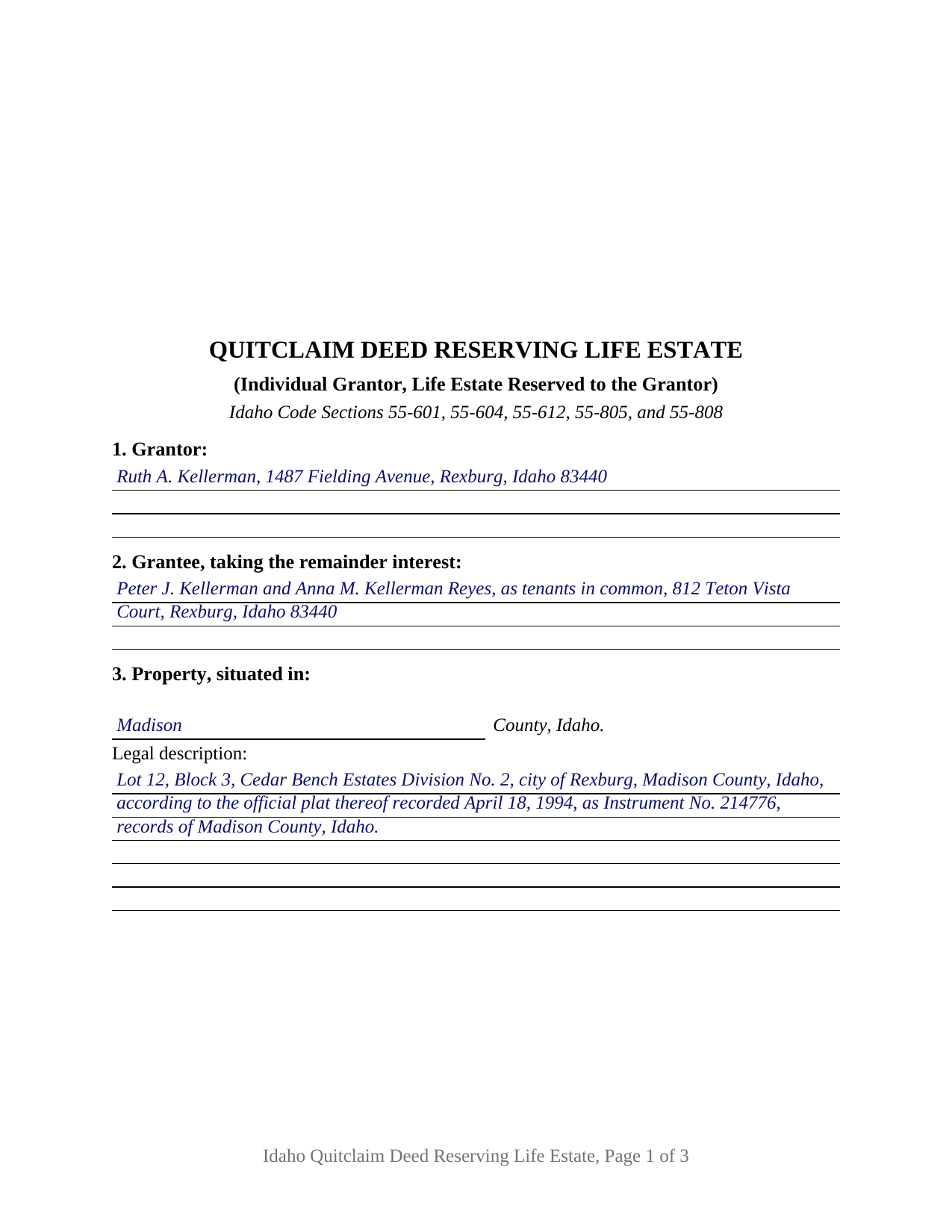 Custer County Completed Example of the Quitclaim Deed (Reserving Life Estate) Document