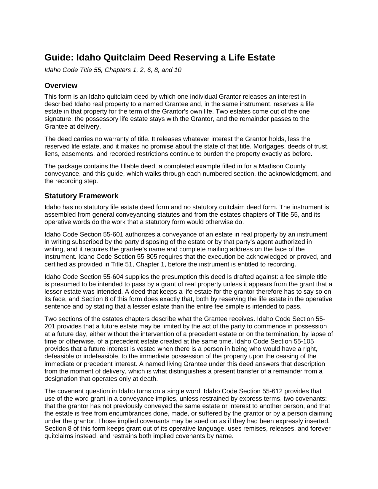 Custer County Quitclaim Deed (Reserving Life Estate) Guide