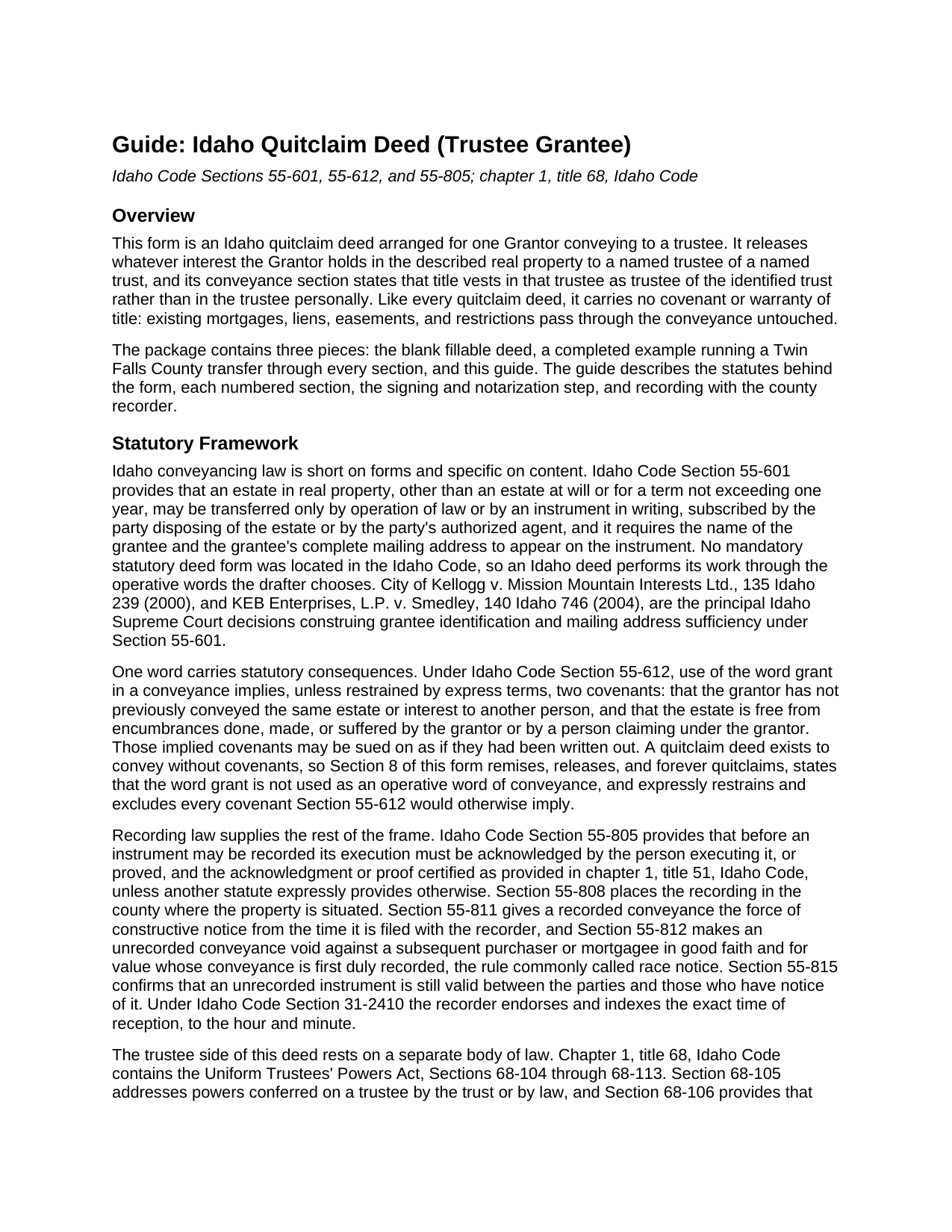 Cassia County Quitclaim Deed (Trustee Grantee) Guide