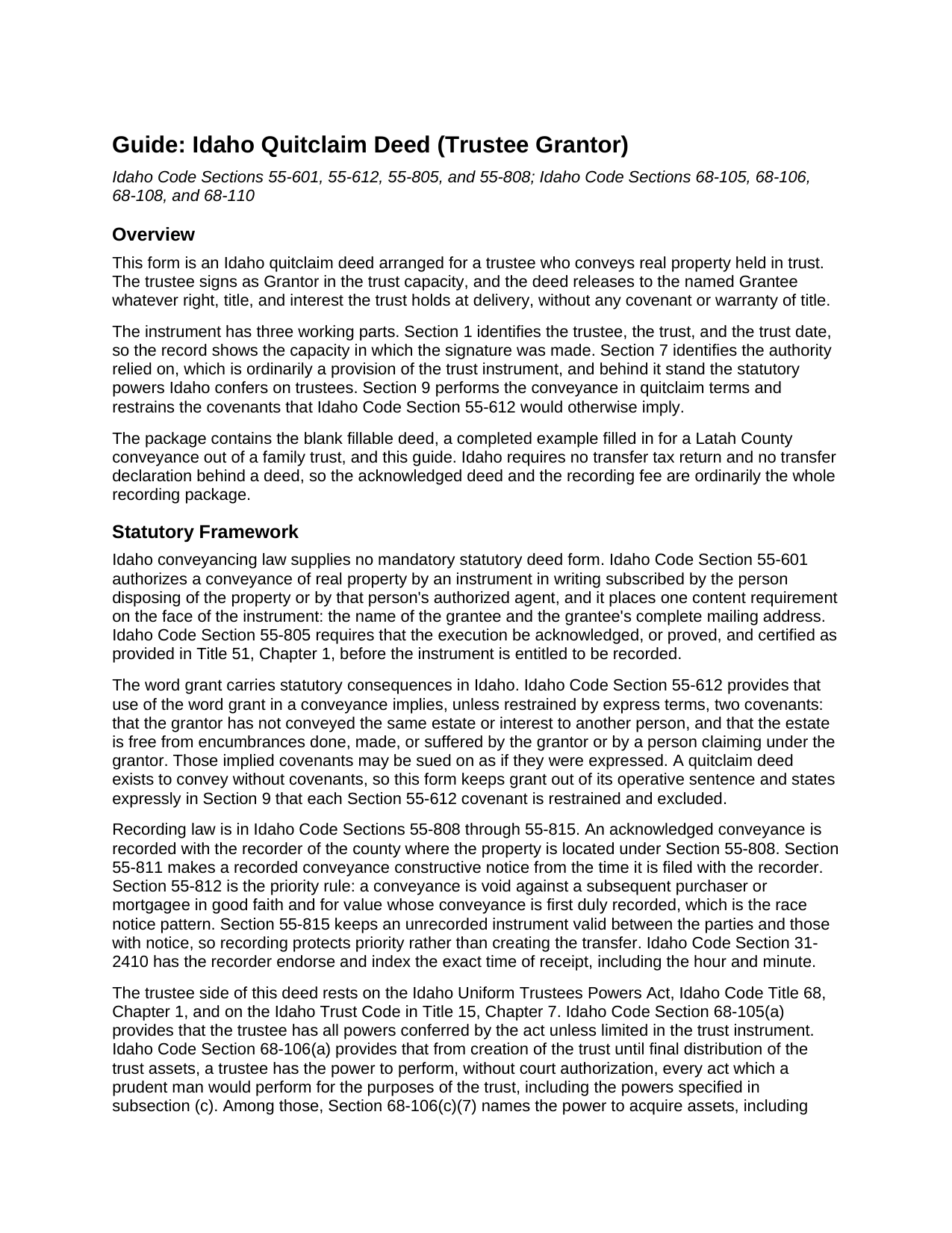 Minidoka County Quitclaim Deed (Trustee Grantor) Guide
