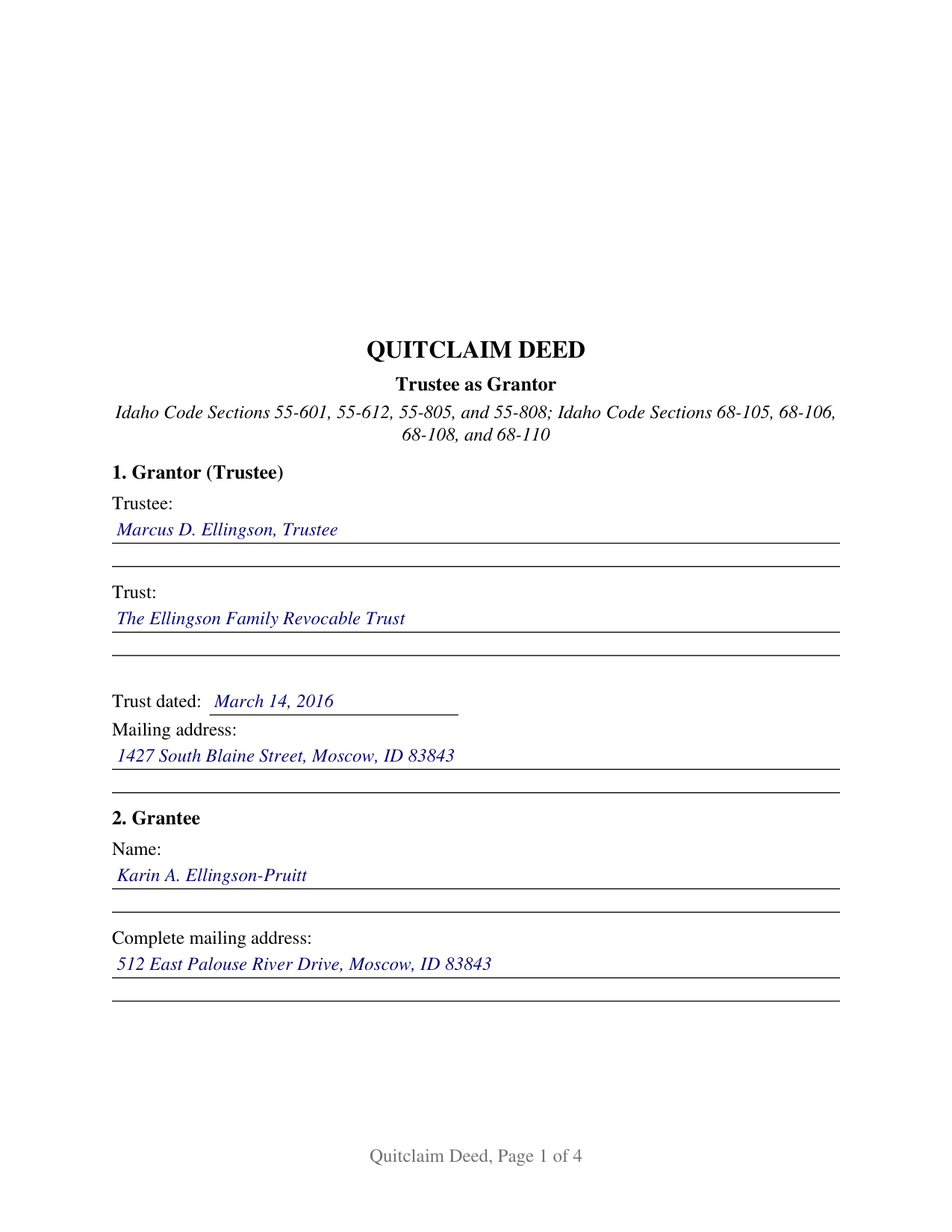 Minidoka County Completed Example of the Quitclaim Deed (Trustee Grantor) Document