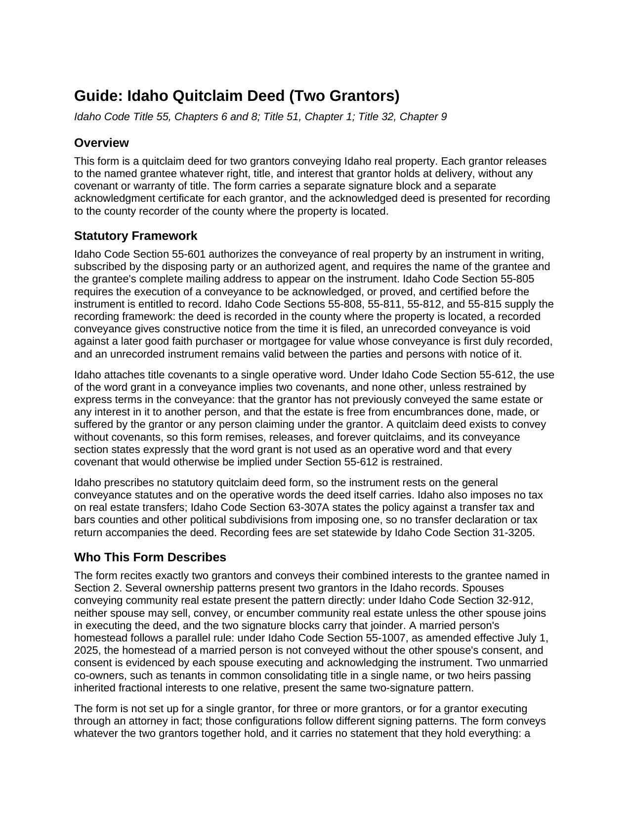 Bonneville County Quitclaim Deed (Two Grantors) Guide