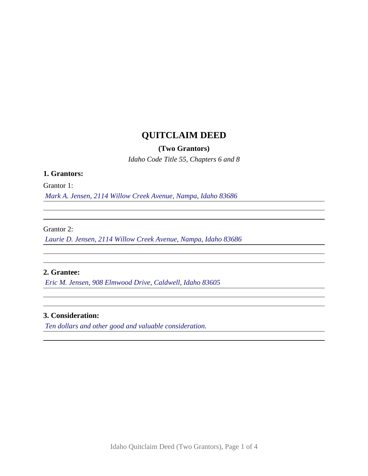 Bonneville County Completed Example of the Quitclaim Deed (Two Grantors) Document