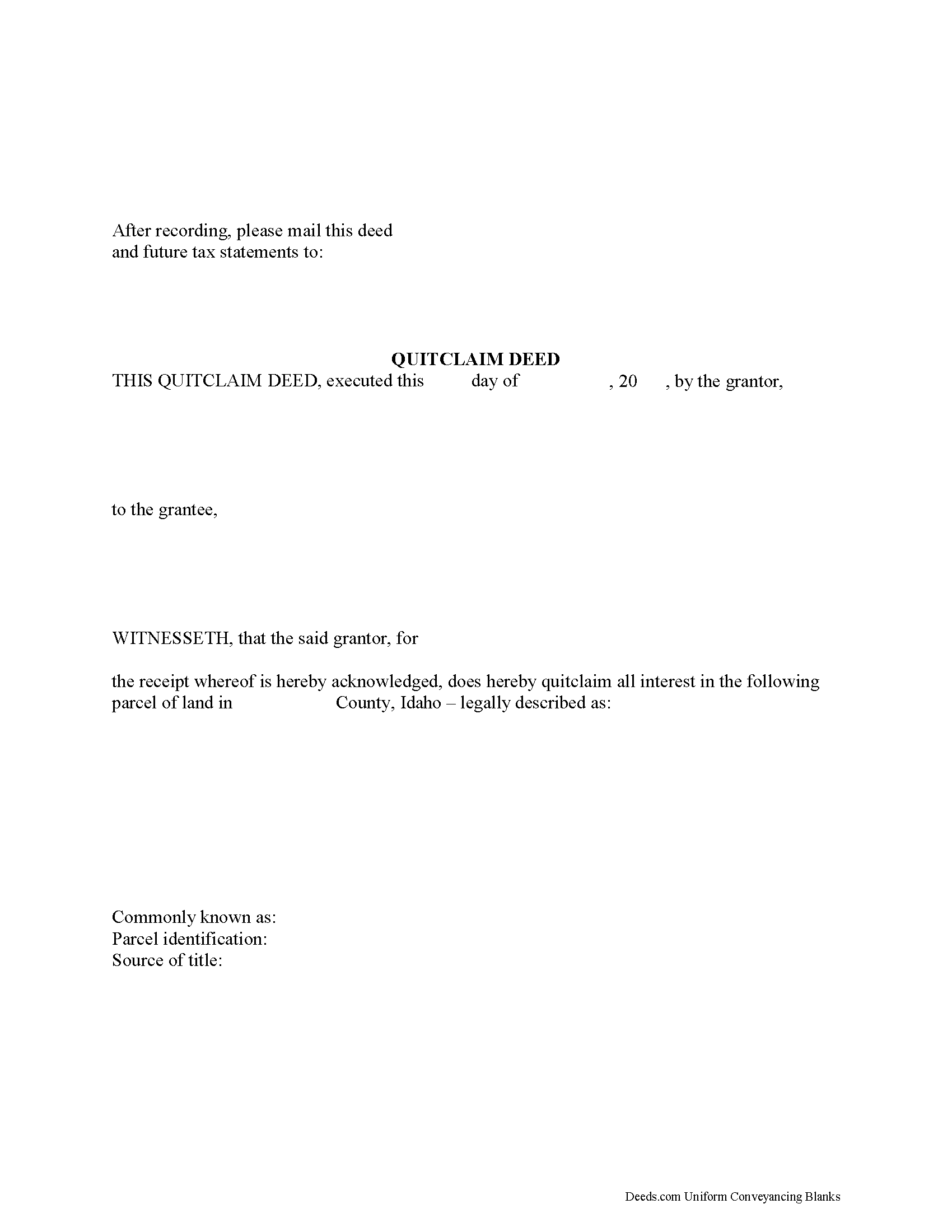 Bear Lake County Quitclaim Deed Form