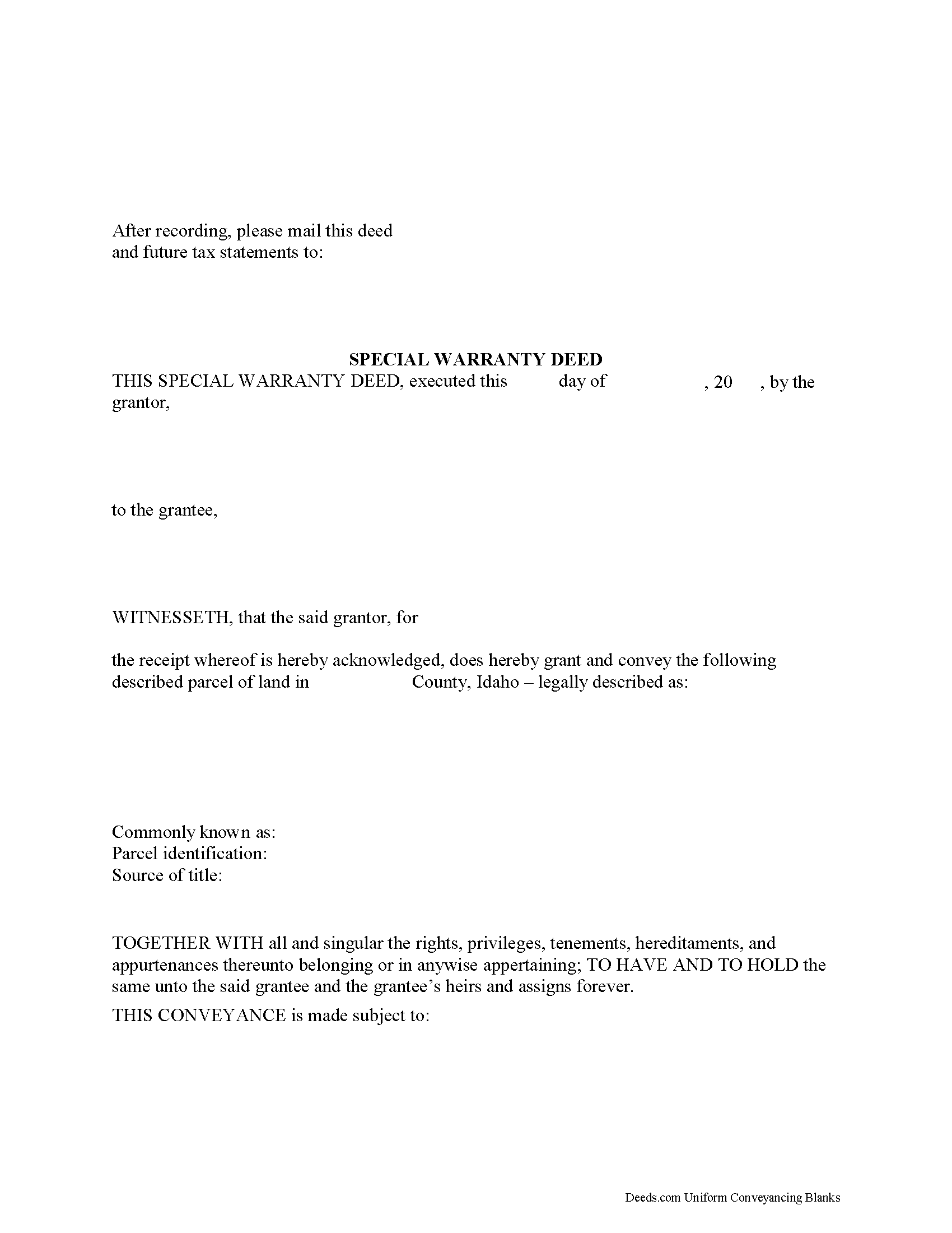 Bear Lake County Special Warranty Deed Form