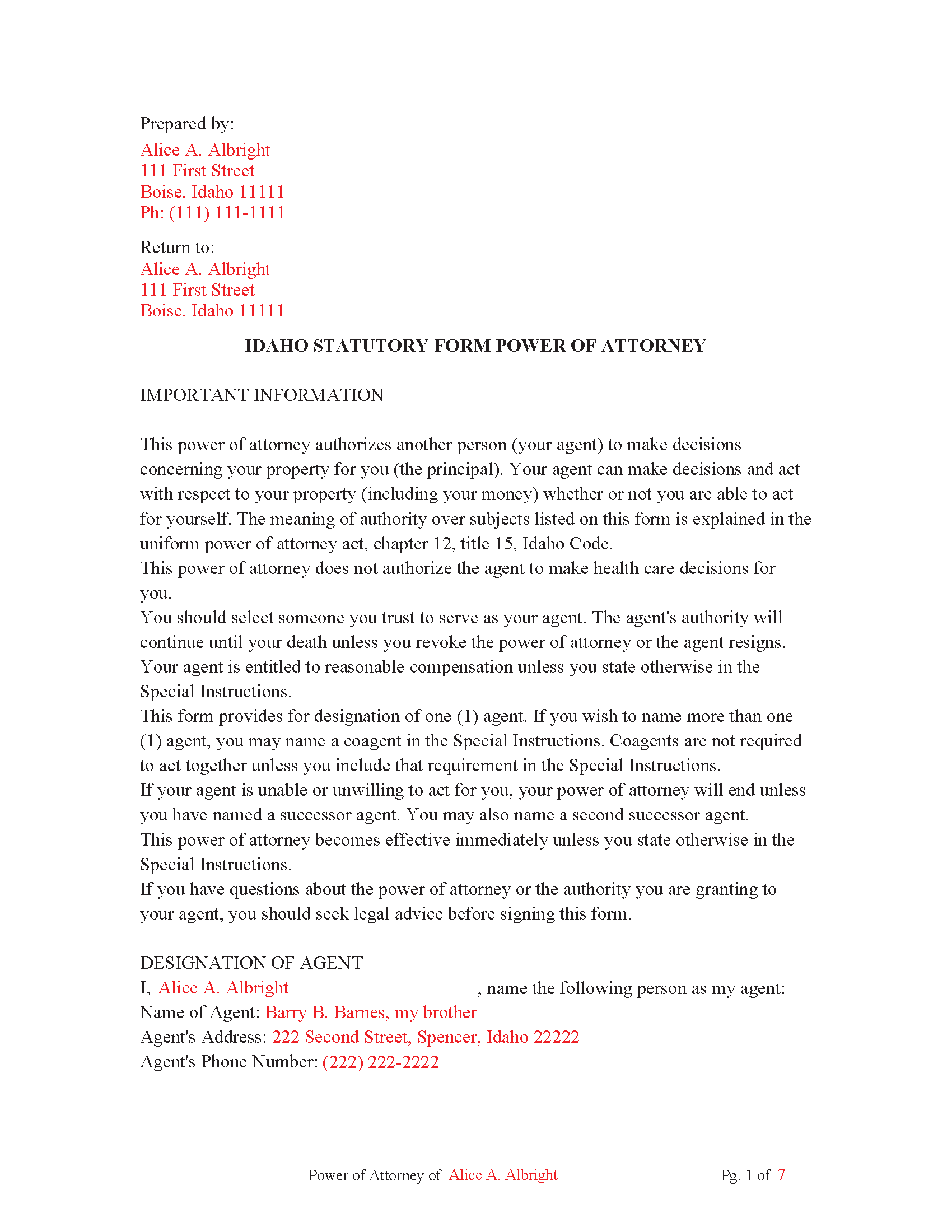 Bear Lake County Completed Example of the Power of Attorney
