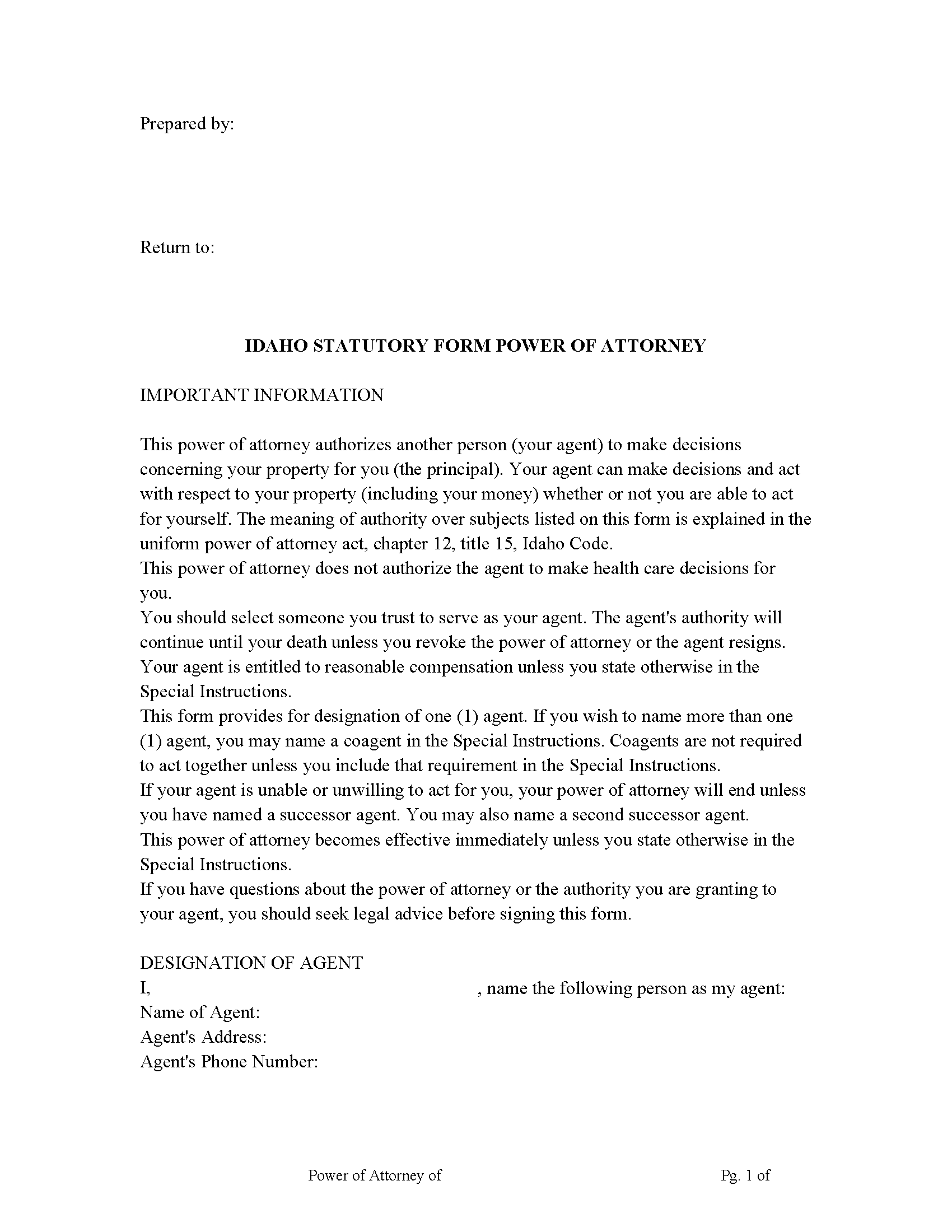 Bear Lake County Statutory Power of Attorney Form
