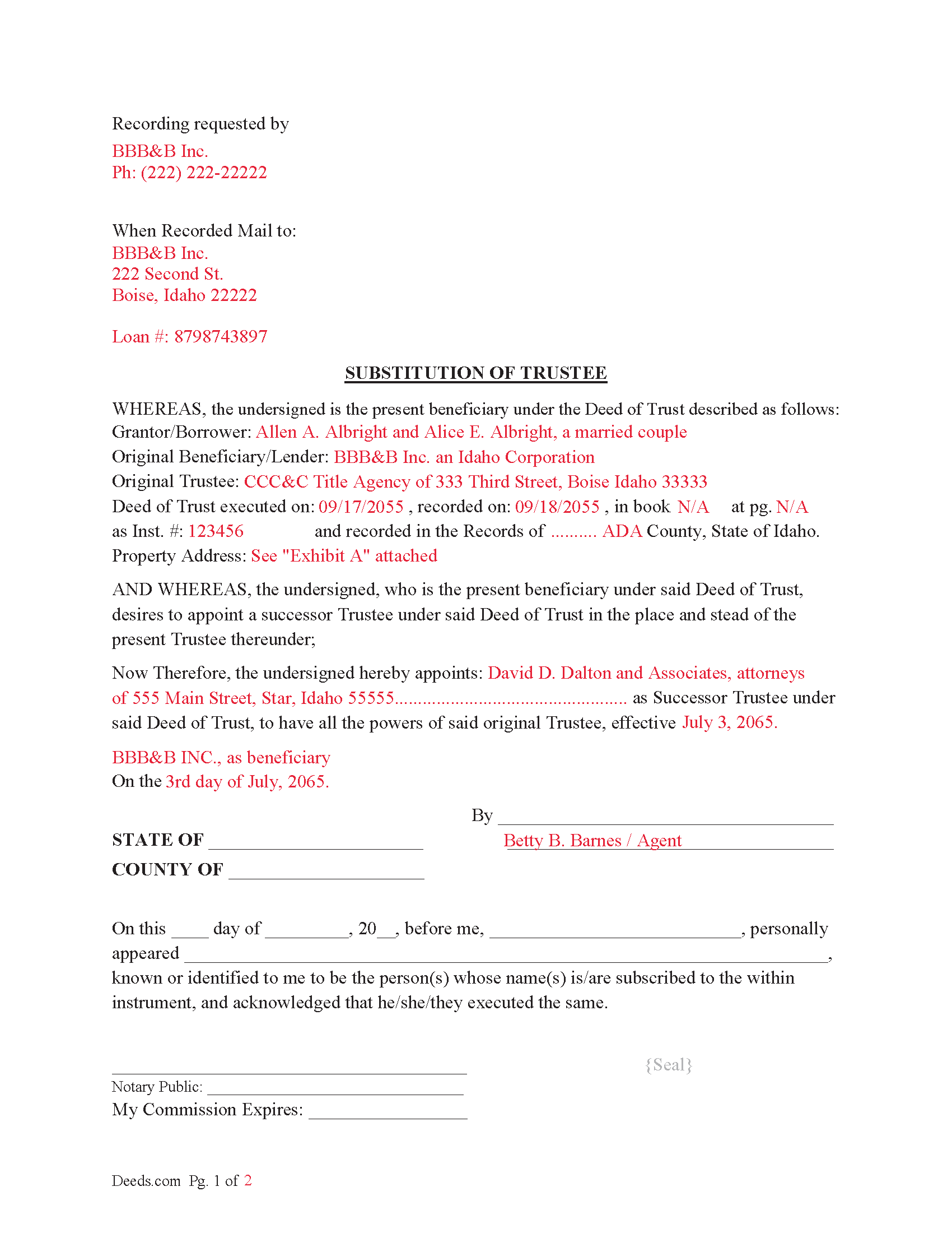 Bear Lake County Completed Example of the Substitution of Trustee Document